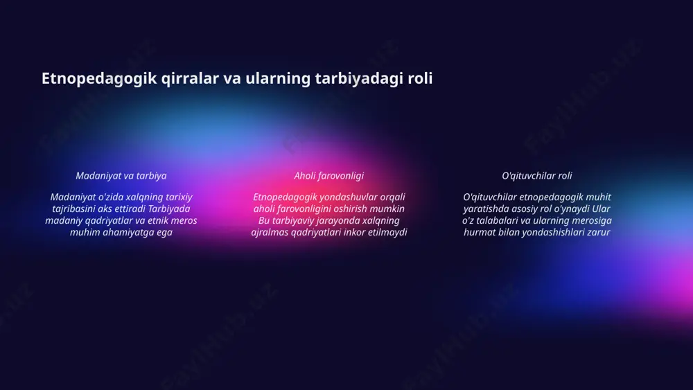 rqali avlodlarimizga o'z tariximizni va madaniyatimizni etkazishimiz mumkin. milliy kiyimlar milliy kiyimlarimiz har bir elatning madaniy mo'jizalarini ko'rsatadi va ularni saqlash zaruriyati mavjud. matnning joylashuvi va o'lchami doirani // e'tibor bering: matnning joylashuvi va o'lchami doirani hisobga olgan holda moslashtirilgan ota-onalarning tarbiyadagi roli va mas'uliyati ta'lim jarayonida ishtirok ota-onalar ta'lim jarayonida faol ishtirok etishlari kerak. ular o'quv jarayonini kuzatish va maktab bilan aloqa o'rnatish orqali farzandlarining muvaffaqiyatiga hissa qo'shadilar. farzandlarni rag'batlantirish ota-onalar farzandlarining muvaffaqiyatlari va yutuqlarini rag'batlantirib, ularning o'ziga bo'lgan ishonchini oshiradilar. bu o'z navbatida o'qishga bo'lgan qiziqishni oshiradi. tarbiya uchun atmosferani yaratish ota-onalar farzandlariga qulay va xavfsiz muhit yaratish orqali ularning intellektual va emosional rivojlanishiga yordam berishlari lozim. bu muhit farzandlar uchun muhim ahamiyatga ega. madaniyatni o‘rgatish yosh avlodni o‘z milliy madaniyatiga muhabbat ruhida tarbiyalash muhim ahamiyatga ega. bu jarayon bolalarga an’anaviy qadriyatlarni va urf-odatlarni tushuntirish orqali amalga oshiriladi. yosh avlodni etnopedagogik jihatdan tarbiyalash til va adabiyot milliy til …