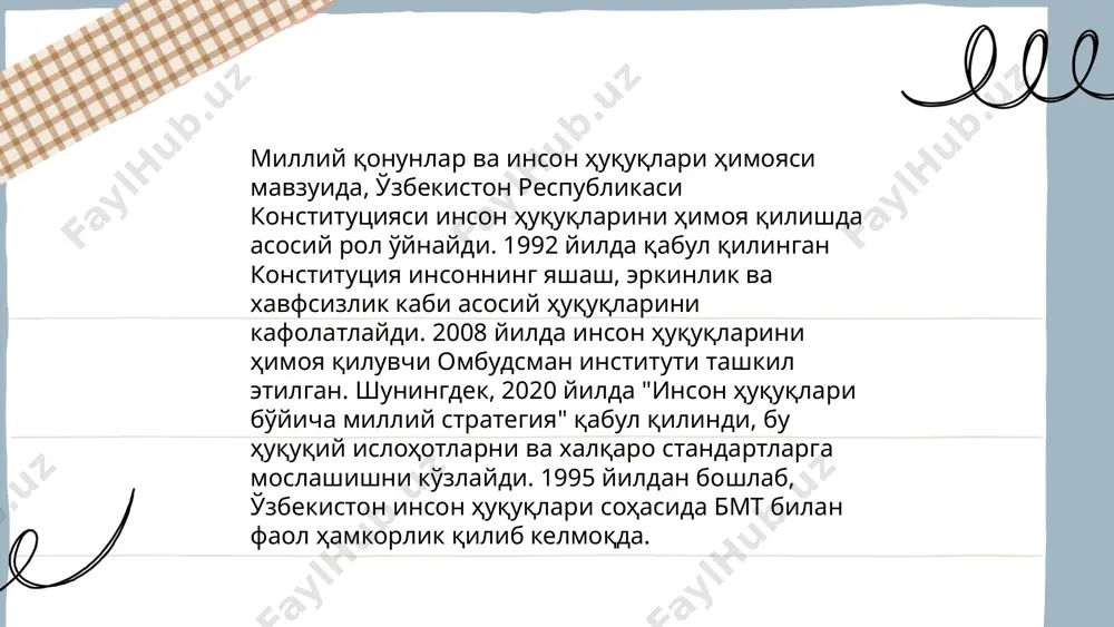 иллий марказ томонидан мамлакатда қонун устуворлиги ва инсон ҳуқуқларини тарғиб қилишга қаратилган 150 дан ортиқ тадбирлар ўтказилди. 2023 йилга келиб, инсон ҳуқуқлари бўйича юксалтирилган мактаблар ва тайёргарлик курслари ташкил этилди. ... t.me/slaydai_bot ижтимоий ва иқтисодий ҳуқуқлар инсонларнинг асосий манфаатларини таъминлашга қаратилган. ўзбекистонда 1992 йил қабул қилинган конституцияда ҳар бир фуқаро меҳнат қилиш, соғлиқни сақлаш, таълим олиш каби ҳуқуқларга эга эканлиги белгиланган. мамлакатда аҳолининг иқтисодий фаоллигини ошириш мақсадида турли дастурлар амалга оширилмоқда. 2020 йилда ишсизлик даражаси 10,5% ни ташкил этди. ижтимоий ҳимоя тизими орқали 2022 йилда 2 миллиондон ортиқ кишига моддий ёрдам кўрсатилган. ушбу ҳуқуқларнинг амалда ёритилиши ва риоя қилиниши инсон капиталини ривожлантиришнинг муҳим қисмидир. ... t.me/slaydai_bot 13. сўз эркинлиги ва матбуот ҳуқуқи сўз эркинлиги ва матбуот ҳуқуқи ҳар бир демократик жамиятнинг асосий қадриятларидан ҳисобланади. 2021 йилда "чегара билмас мухбирлар" ташкилотининг матбуот эркинлиги индексида ўзбекистон 180 мамлакатдан 157-ўринни эгаллади. ўзбекистон конституцияси 29-моддасида ҳар бир фуқаро ахборот эркинлигидан фойдаланиш ҳуқуқига эга эканлиги …