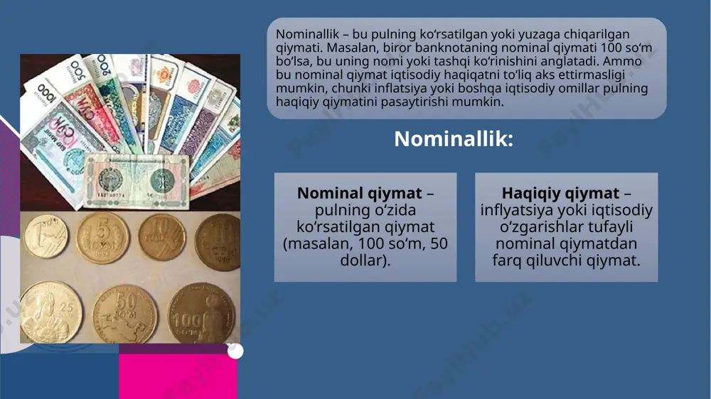 mulklarining haqiqiy qiymatini yo‘qotadilar, bu esa iqtisodiyotda noaniqlikni oshiradi. 11 11 nominal qiymat va haqiqiy qiymat o‘rtasidagi farq, iqtisodiy sharoitlar (masalan, inflatsiya yoki deflyatsiya) tufayli yuzaga keladi. nominal qiymat: bu pulning rasmiy yoki yuzaga chiqarilgan qiymati bo‘lib, u har doim o‘zgarishsiz, masalan, 100 so‘m, 50 dollar yoki 1 000 so‘m kabi. nominal qiymat faqat pulning ko‘rsatilgan miqdorini anglatadi va inflatsiya yoki deflyatsiya kabi tashqi omillarni hisobga olmaydi. haqiqiy qiymat: bu nominal qiymatni inflyatsiya yoki deflyatsiya kabi iqtisodiy o‘zgarishlar hisobga olgan holda o‘lchashdir. haqiqiy qiymat odamlarning sotib olish qobiliyati, ya'ni pulning narxlarga ta'siri hisobga olingan qiymatni anglatadi. 12 12 pulning nominallik nazariyasi, uning qiymati va iqtisodiy sharoitlar o‘rtasidagi o‘zgarishlarni tahlil qilishda muhim rol o‘ynaydi. pulning nominal qiymati va haqiqiy qiymati o‘rtasidagi farq, ayniqsa inflatsiya va deflyatsiya kabi iqtisodiy omillar tufayli sezilarli ahamiyat kasb etadi. nominal qiymat, asosan, pulning ko‘rsatilgan yoki yuzaga chiqarilgan qiymatini anglatadi, ammo bu qiymat iqtisodiy sharoitlarning o‘zgarishi bilan …