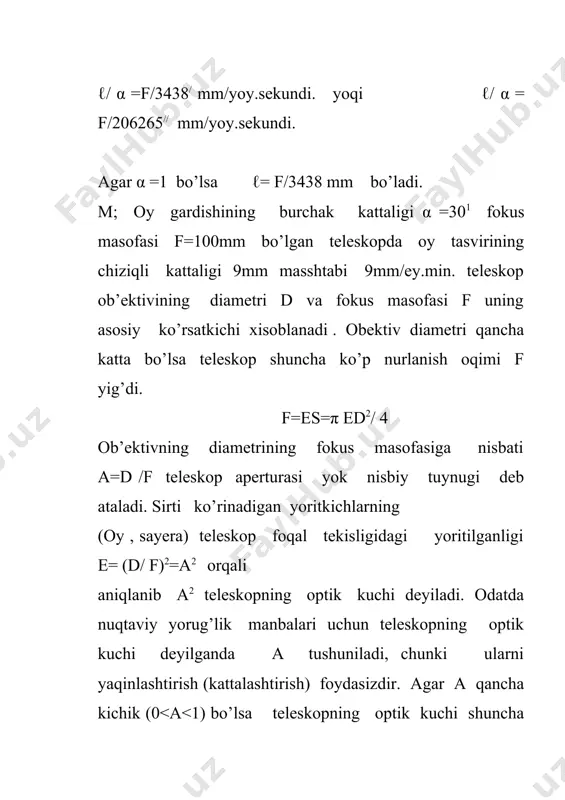 l shishalardan yasaladi. ularning sindirish ko’rsatkichi turlicha bo’ladi. dubletlar diametri 50sm, fokus masofasi 28m uchun bu kamchilikni tula yukotish mumkin, diametri 1m, f=112m uchun mumkin e’mas. ko’zguda bu kamchilik yuk, ammo qolganlari albatta mavjuddir. sferik abberauiya parallel nurlarning optik ukka yaqinlari kaytgandan sung kuzgudan uzoqda, optik ukdan uzoqlari e’sa kuzguga yaqin nuqtada yigiladi. bu kattalikni ko’zguni parabolik kurinishda yasash orqali yukotiladi. koma va boshqa kamchiliklar optik ukka burchak ostida kelayotgan yoritkich nurlari tahsirida kuzatiladi. komada nuqtaviy yorug’lik manbaining tasviri kometaga o’xshash bo’ladi. astigmatizmda yorug’lik manbai chiziqcha sifatida kuzatiladi. bu kamchiliklar kun firmasi tomonidan yasalgan linzalar sistemasida yukotiladi . ular ikkita tashqi kron, urtasidagi flintdan yasaldi. radioteleskop osmon yoritkichlaridan kelayotgan radionurlanishni yigish, o’lchash va qayd qilish uchun qo’llaniladi. radioteleskop ikki kismdan iborat bo’ladi; antenna va priyomnik. antenna osmon yoritgichidan kelayotgan radionurlanishni aks kaytaradi va kaytgan nurlanish antennaning fokusida yigiladi. yigilgan nurlanishlar to’lqin tashuvchi yordamida priyomnikda nurlanishga ishlov berilgandan keyin u qayd …