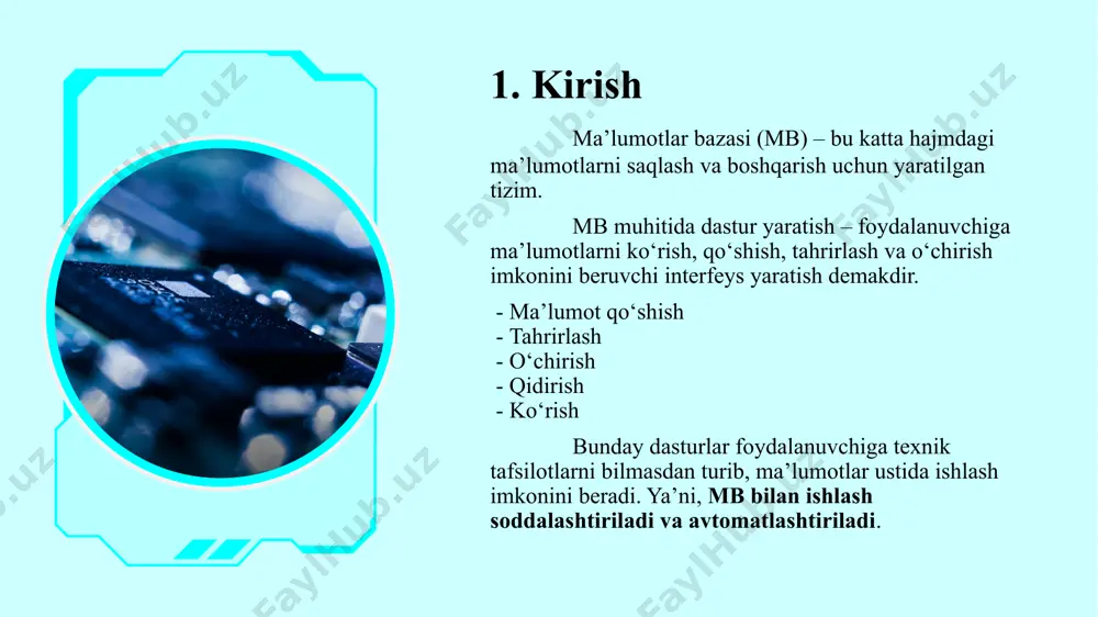 t. mbdan kerakli ma’lumotlarni o‘qish yoki ko‘rish. insert. yangi yozuv (ma’lumot) kiritish. update. mavjud yozuvlarni o‘zgartirish. delete. yozuvlarni o‘chirish. masalan, foydalanuvchi “yangi talaba qo‘shish” tugmasini bossa, dastur avtomatik insert so‘rovini mbga yuboradi. shu tarzda dastur va mb o‘rtasida doimiy axborot almashinuvi bo‘lib turadi. 5 5. foydalanuvchi interfeysi (ui) foydalanuvchi interfeysi — bu dastur ko‘rinishi bo‘lib, foydalanuvchi uchun qulaylik yaratadi. u orqali foydalanuvchi ma’lumotlar bilan oson va tushunarli tarzda ishlaydi. asosiy interfeys elementlari quyidagilardan iborat bo‘ladi: kirish formasi. login va parol orqali tizimga kirish oynasi. jadval ko‘rinishi. ma’lumotlar ustun va qatorlarda tartiblangan holatda aks etadi. qidiruv maydonchasi. kerakli ma’lumotlarni tez topish uchun xizmat qiladi. tugmalar. qo‘shish, tahrirlash, o‘chirish kabi funksiyalarni bajaradi. to‘g‘ri yaratilgan interfeys — foydalanuvchining ishini yengillashtiradi va dasturdan foydalanishni osonlashtiradi. 6 6. texnologiyalar ma’lumotlar bazasi (mb) asosida yaratilgan dasturlar turli texnologiyalar yordamida ishlab chiqiladi. har bir qismi uchun alohida vositalar qo‘llaniladi: frontend. foydalanuvchi ko‘radigan va ishlaydigan qismi. . html …