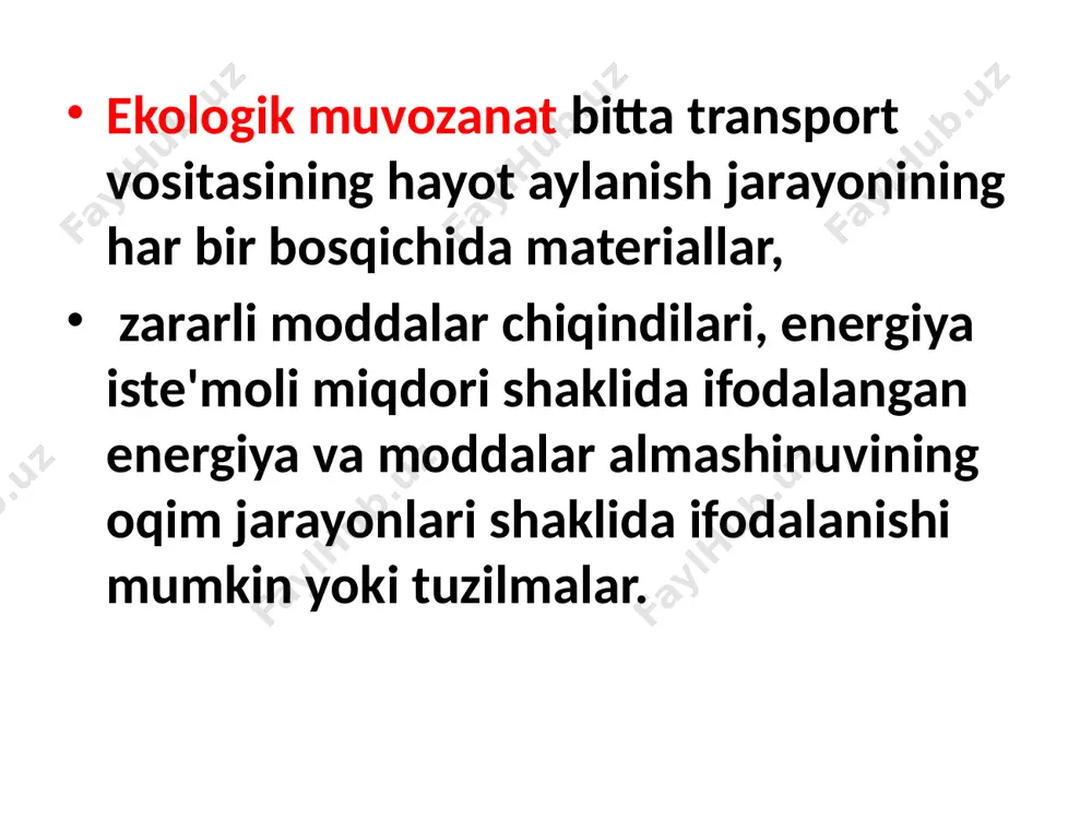 ilmiy jihatlar mavjud emas, ammo ilmiy va amaliy tavsiyalar hali amalda qo'llanilmaydi) muvozanat-bu ekotizimning uzoq (shartli ravishda cheksiz) mavjudligiga olib keladigan tabiiy yoki inson tomonidan o'zgartirilgan atrof-muhit komponentlari va tabiiy jarayonlarning ekologik muvozanati. bir ekotizim ichidagi ekologik komponentlarning balansida komponent keng (yaylov, tabiiy o'rmonlar. ) intensiv muayyan nisbatda (agrosenoz, urbokompleks. )yuzaga kelgan. ekologik muvozanat-ekologik va tabiiy jarayonlarning tabiiy yoki o'zgaruvchan muvozanati, bu ekotizimning uzoq (shartli ravishda cheksiz) mavjudligiga olib keladi. yuqorida sanab o'tilgan vazifalarni hal etishga qodir bo'lgan ekologik monitoringni tashkil etish kelajak masalasidir, chunki u katta xarajatlarni talab qiladi transport ob'ektlarining ekologizatsiyasining asosiy yo'nalishlari quyidagilardan iborat: - tabiiy resurslarni tejovchi tabiatga minimal zararli ta'sir ko'rsatadigan texnologik jarayonlar va ishlab chiqarish uskunalarini ishlab chiqish va qo'llash; - yopiq suvdan foydalanish tizimlari, havoni tiklash tizimlari, zaharli chiqindilarni to'plash, saqlash va zararsizlantirishning oqilona shakllarini yaratish; - chiqindilsiz va kam chiqindili texnologiyalarini yaratish va moddiy resurslar va energiyadan kompleks foydalanish orqali resurslarni iste'mol …