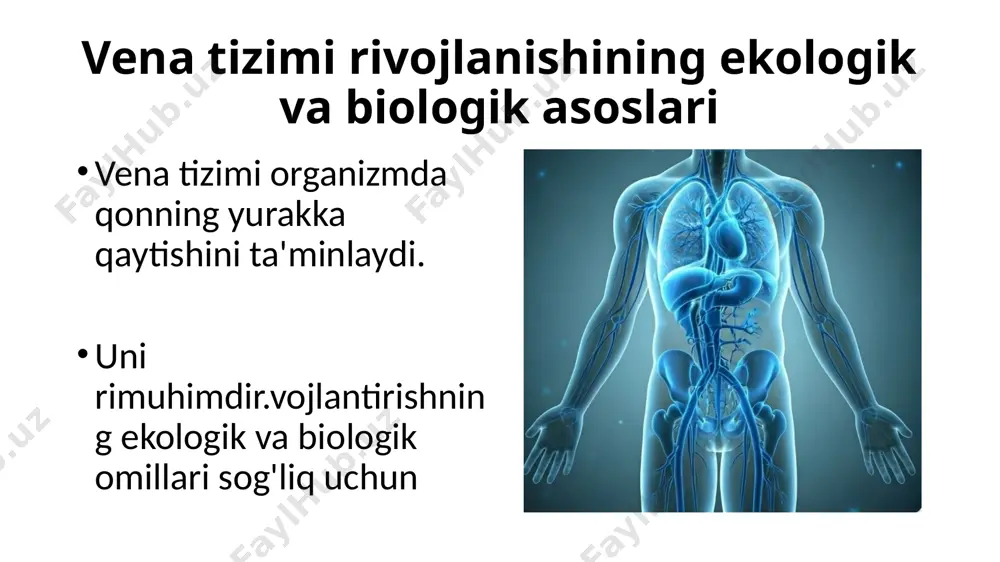 avo oksidlanish stressini kamaytiradi. toza suv tana suvsizlanmasligini oldini oladi. jismoniy faollik qon aylanishini yaxshilaydi. sog'lom ovqatlanish vitamin va minerallar bilan boyitilgan ratsion. vena tizimini himoya qilish bo'yicha biologik strategiyalar genetik monitoring ota-onadan kelayotgan xavflarni aniqlash. qon bosimini nazorat qilish vena normal faoliyatini ta'minlash uchun zarur. davolash va oldini olish davolash usullari va profilaktika choralari. ilmiy tadqiqotlar va yangi yondashuvlar gen omillari tadqiqoti vena kasalliklarining genetik sabablarini o'rganish. ekologik aloqalar atrof-muhit omillarining biologiyaga ta'sirini o'rganish. yangi terapiyalar targetlangan davo usullari va jarayonlarni optimallashtirish. xulosa va kelajakdagi tadqiqot yo'nalishlari ekologik va genetika yangi bilimlar vena sog'lig'ini yaxshilaydi. samimiy profilaktika atrof-muhitni va biologik omillarni boshqarish. innovatsion davolash ilmiy yondashuvlarni amaliyotga joriy etish. image1.png image2.png image3.png image4.png image5.png image6.png image7.png image8.png image9.png image10.png image11.png image12.png image13.png /docprops/thumbnail.jpeg
