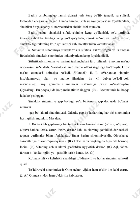 oirasida bo‘lishi mumkin. -gap bo‘laklari sinonimiyasi. odatda, gap bo‘laklarining har biri sinonimiya hosil qilishi mumkin. masalan: 1. bir tarkibli gaplarning bir turida kesim harakat nomi (o‘qish, o‘qimoq, o‘quv) hamda kerak, zarur, lozim, darkor kabi so‘zlarning qo‘shilishidan tashkil topgan qurilmalar bilan ifodalanadi. bular kesim sinonimiyasidir. qiyoslang: jasoratlariga ofarin o‘qimoq kerak. (0.) lekin zarur vaqtdagina tilga erk bermoq lozim. (0.) shuning uchun ularni g‘aflatdan uyg‘otish darkor. (0.) aql, fahm-farosat bi-lan ko‘ngilni yo‘lga solib turish kerak. (a. q.) ko‘makchili va kelishikli shakldagi to‘ldiruvchi va hollar sinonimiya hosil qiladi. to‘ldiruvchi sinonimiyasi: olim uchun vijdon ham o‘tkir ilm kabi zarur. (j. a.) olimga vijdon ham o‘tkir ilm kabi zarur. hol sinonimiyasi: abdulla sevinganidan sakrab yuboray dedi. (u. u.) abdulla sevingani uchun (sababli) sakrab yuboray dedi. -so‘z birikmasi doirasida sinonimiya. bunday sinonimiya ko‘proq tobe bo‘lak shakllari asosida hosil bo‘ladi. tobe bo‘lagi turli kelishik shakllari bilan ifodalangan so‘z birikmalari sinonimiya hosil qiladi: -bosh va tushum kelishiklari o‘rtasida: …