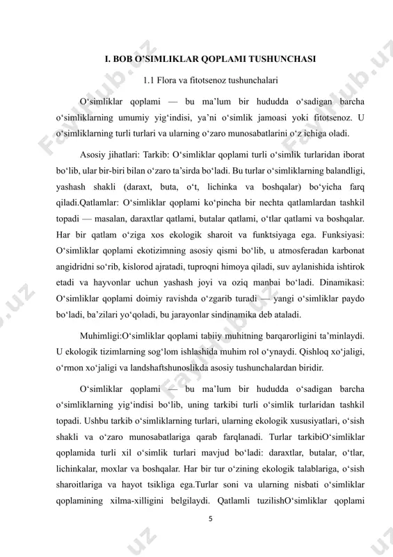 a qiladi.quyosh nurining katta qismi shu qatlamga yetib boradi, shuning uchun o‘tlar fotosintez jarayonida faol ishtirok etadi. 2. ekologik roli tuproqni himoya qilish: o‘tlar qatlami tuproqni eroziyadan saqlaydi, suvning tuproqqa singishini yaxshilaydi. oziq-ovqat manbai: ko‘plab hayvonlar uchun oziq-ovqat manbai hisoblanadi, ayniqsa chorva mollari uchun. biologik xilma-xillik: o‘tlar qatlami turli o‘tlar va mayda o‘simlik turlarining yashash joyi bo‘lib, ekotizimning biologik xilma-xilligini oshiradi. namlikni saqlash: tuproq yuzasida namlikni ushlab turishga yordam beradi, bu esa o‘simliklar va mikroorganizmlar uchun qulay sharoit yaratadi. 3. o‘tlar qatlami turlari yillik o‘tlar: bir yil ichida o‘sib, gullab, urug‘ beradi va nobud bo‘ladi (masalan, bug‘doy o‘simliklari). ko‘p yillik o‘tlar: bir necha yil yashaydi, har yili yangi o‘sish hosil qiladi (masalan, raygrass, timoti). moxlar va lichinkalar: tuproq yuzasida nam muhitda o‘sadigan kichik o‘simliklar. o‘tlar qatlami va inson faoliyati qishloq xo‘jaligida o‘tlar qatlami chorvachilik uchun muhim ozuqa manbai hisoblanadi. o‘tlar qatlami tuproqni barqarorlashtirish va landshaftni muhofaza qilishda qo‘llaniladi.ba’zi o‘tlar qatlami …