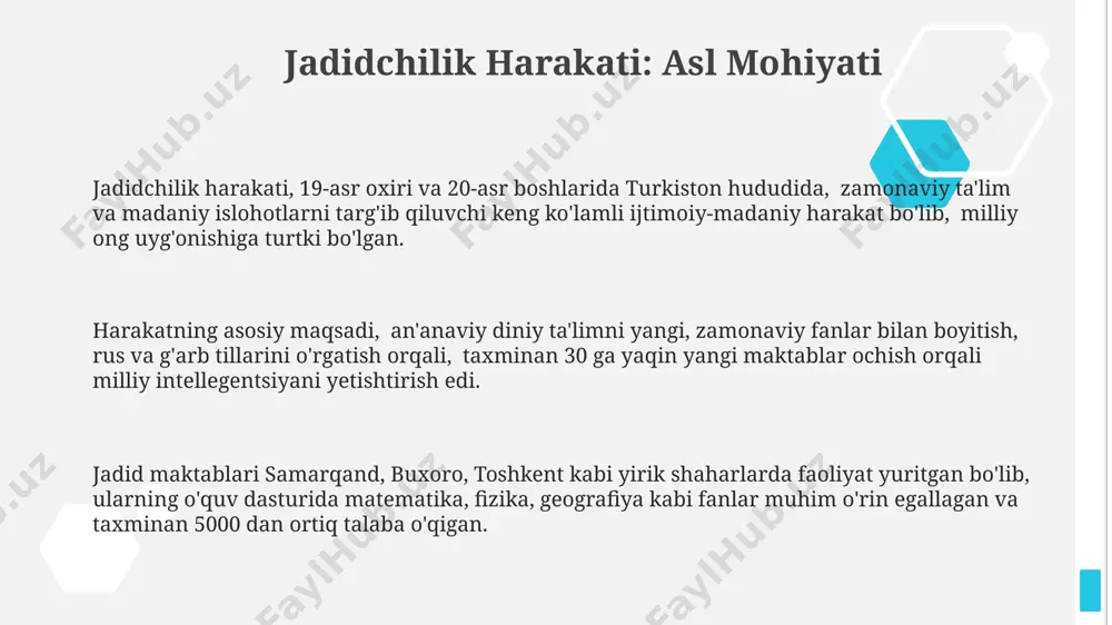 kiston mintaqasida ta’sir ko‘rsatdi. avliyoniyning pedagogik g‘oyalari o‘zbek maktablarida ona tilida ta’lim berishni, 1900-yillarning boshlarida samarqand va buxoroda keng qo‘llab-quvvatlashni o‘z ichiga olgan. avloniy 10 dan ortiq darslik va qo‘llanmani yaratdi, ularning ba’zilari 1910-yillarda toshkentdagi bosmaxonalarda chop etilgan va zamonaviy ta’limga yo‘naltirilgan. e'tiboringiz uchun rahmat @taqdimot_robot