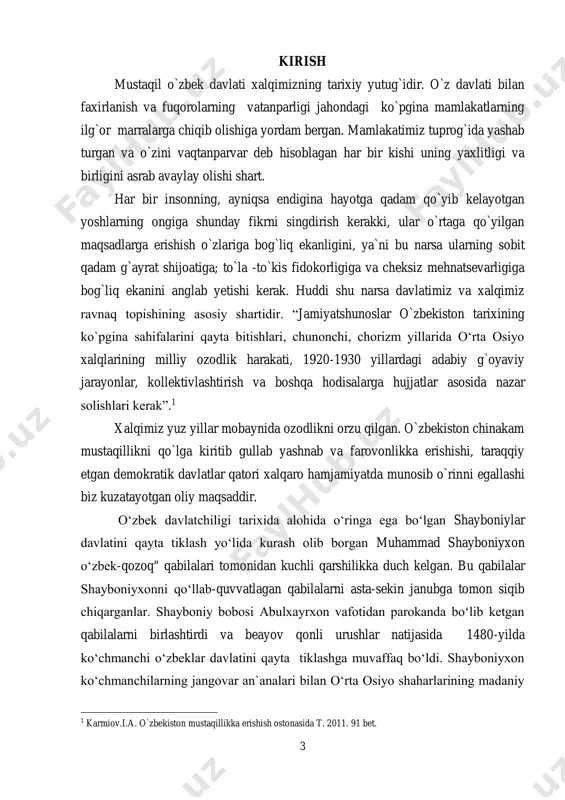 buxoro xonligi deb atalgan. nafaqat ubaydullaxon hukmronligi davrida balki butun shayboniylar davrida buxoroning siyosiy, iqtisodiy va madaniy markaz sifatidagi mavqei kuchaydi. shu jihatdan olib qaraganda mustaqillik sharofati bilan shayboniylar davrida buxoro mavzusini tadqiq etish dolzarb mavzulardan biri hisoblanadi. shayboniylar davrida buxoroning siyosiy, iqtisodiy va madaniy markaz sifatidagi ahamiyati tarixiy manbalar, ilmiy adabiyotlar orqali yoritib berildi va tizimlashtirildi. - shayboniylarning markaziy osiyo yerlariga kirib kelishi sabablarini tahlil etib beriлди; -shayboniylar davrida buxoroning poytaxt sifatidagi ahamiyatini ko‘rsatib berildi; - mamlakat ichida ijtimoiy hayotni tartibga solishga imkon beruvchi islohotlar o‘tkazilganligini ko‘rib chiqildi. mamlakatda yer-suvni qaytadan taqsim qilinganligini tahlil etib o‘tildi; -buxoroning qadimiy mavqei tiklanganligini ochib berildi hamda ilmiy hulosalar chiqarildi. 5 shuningdek to’plangan ma’lumotlardan oily o’quv yurtlarida o’zbekiston tarixi fanidan darslar o’tishda, kurs ishi, referat, mustaqil ishlarni tayyorlashda va amaliy mashg’ulotlar ishlanmasini yaratishda qo’llanma sifatida foydalanish mumkin. 6 1.shayboniylar davlatining tashkil topishi. 1.1.muhammad shayboniyxonning movaraunnahr va xurosonga yurishi buyuk аmir temur tomonidаn oltin …