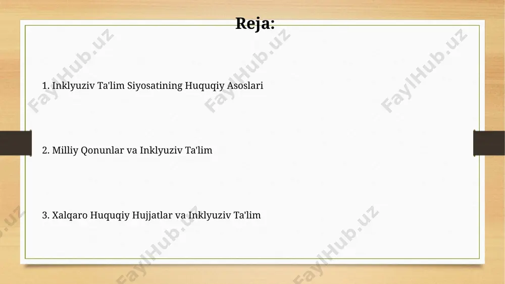 shu jumladan, qoraqalpogʻiston respublikasida ham inklyuziv ta’limni rivojlantirishga qaratilgan. oʻzbekiston respublikasining 1992-yil 8-dekabrda qabul qilingan konstitutsiyasining 26-moddasi hamda 41-moddasi ta’lim olish huquqini kafolatlab, barcha fuqarolar uchun inklyuziv ta’lim siyosatining konstitutsiyaviy asosini belgilab beradi. milliy qonunchilik va inklyuziv ta'lim oʻzbekiston respublikasining 2017-yil 29-dekabrdagi “ta’lim toʻgʻrisida”gi qonuni, 12-moddasi inklyuziv ta’limning huquqiy asoslarini, ya’ni nogiron bolalarni umumta’lim maktablariga integratsiyalashtirish jarayonini belgilaydi. milliy ta’lim strategiyasi (2017-2026) hujjatida inklyuziv ta’limga 200 dan ortiq maktab va 5000 dan ziyod oʻqituvchining jalb etilishi, shuningdek, maxsus ta’lim resurs markazlarining samarqand va andijon kabi viloyatlardagi faoliyatini kengaytirish rejalashtirilgan. xalqaro huquqiy hujjatlar va inklyuziv ta'lim 2006-yilda qabul qilingan "nogironlar huquqlari to'g'risida"gi konvensiya, ma'lumotlarga ko'ra, 50 dan ortiq davlatda inklyuziv ta'limning rivojlanishiga katta ta'sir ko'rsatdi, o'zbekiston ham ushbu konvensiyani ratifikatsiya qilgan. 1990-yilda qabul qilingan bmtning bolalar huquqlari konvensiyasi, 29-moddasi bo'yicha, nogiron bolalarga inklyuziv ta'lim olish imkoniyatini ta'minlashni barcha davlatlarga majburiy qiladi, shu jumladan o'zbekistonga ham. inklyuziv ta'limda davlatning rol va vazifalari …