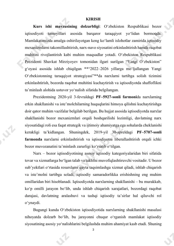 707-sonli farmonda narxlarni erkinlashtirish va iqtisodiyotni liberallashtirish orqali ichki bozor muvozanatini ta’minlash zarurligi ko‘rsatib o‘tilgan. narx – bozor iqtisodiyotining asosiy iqtisodiy kategoriyalaridan biri sifatida tovar va xizmatlarga bo‘lgan talab va taklifni muvofiqlashtiruvchi vositadir. u bozor sub’yektlari o‘rtasida resurslarni qayta taqsimlashga xizmat qiladi, ishlab chiqarish va iste’molni tartibga soladi, iqtisodiy samaradorlikka erishishning eng muhim omillaridan biri hisoblanadi. iqtisodiyotda narxlarning shakllanishi – bu murakkab, ko‘p omilli jarayon bo‘lib, unda ishlab chiqarish xarajatlari, bozordagi raqobat darajasi, davlatning aralashuvi va tashqi iqtisodiy ta’sirlar hal qiluvchi rol o‘ynaydi. bugungi kunda o‘zbekiston iqtisodiyotida narxlarning shakllanishi masalasi nihoyatda dolzarb bo‘lib, bu jarayonni chuqur o‘rganish mamlakat iqtisodiy siyosatining asosiy yo‘nalishlarini belgilashda muhim ahamiyat kasb etadi. shuning uchun ham narx va uning shakllanish mexanizmini o‘rganish, mavjud muammolarni aniqlash hamda samarali takliflarni ishlab chiqish iqtisodchi-mutaxassislar oldida turgan asosiy vazifalardan biridir. ushbu mavzuda olib boriladigan tadqiqotlar narx siyosatini yanada takomillashtirish, ijtimoiy himoya va iqtisodiy barqarorlikni ta’minlash yo‘lida muhim nazariy va amaliy …