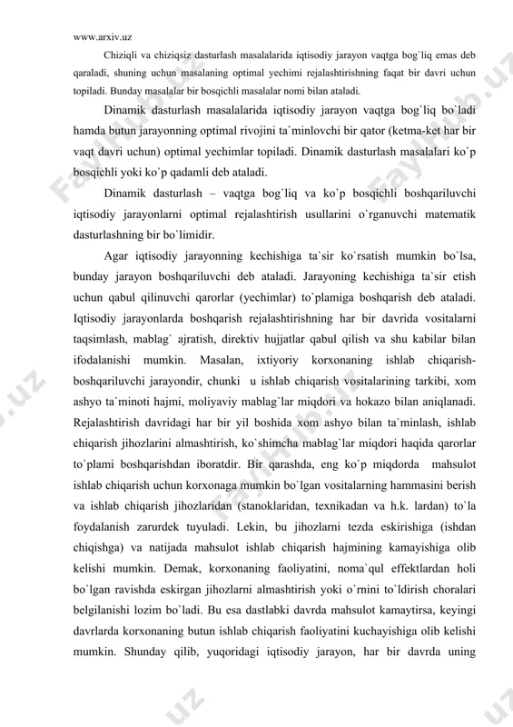 lar to`plami boshqarishdan iboratdir. bir qarashda, eng ko`p miqdorda mahsulot ishlab chiqarish uchun korxonaga mumkin bo`lgan vositalarning hammasini berish va ishlab chiqarish jihozlaridan (stanoklaridan, texnikadan va h.k. lardan) to`la foydalanish zarurdek tuyuladi. lekin, bu jihozlarni tezda eskirishiga (ishdan chiqishga) va natijada mahsulot ishlab chiqarish hajmining kamayishiga olib kelishi mumkin. demak, korxonaning faoliyatini, noma`qul effektlardan holi bo`lgan ravishda eskirgan jihozlarni almashtirish yoki o`rnini to`ldirish choralari belgilanishi lozim bo`ladi. bu esa dastlabki davrda mahsulot kamaytirsa, keyingi davrlarda korxonaning butun ishlab chiqarish faoliyatini kuchayishiga olib kelishi mumkin. shunday qilib, yuqoridagi iqtisodiy jarayon, har bir davrda uning rivojlanishiga ta`sir etuvchi, bir qancha davrlardan iborat deb qaralishi mumkin. odatda davr sifatida xo`jalik yili olinadi. ko`p bosqichli iqtisodiy jarayonlarni rejalashtirishda, har bir alohida oraliq bosqichda qaror qabul qilishda, butun jarayonning tub maqsadi ko`zlanadi. butun jarayonning yechimi o`zaro bog`langan yechimlar ketma-ketligidan iborat bo`ladi. o`zaro bog`langan bunday yechimlar ketma-ketligi strategiya deb ataladi. oldindan tanlangan kriteriyga nisbatan eng yaxshi …