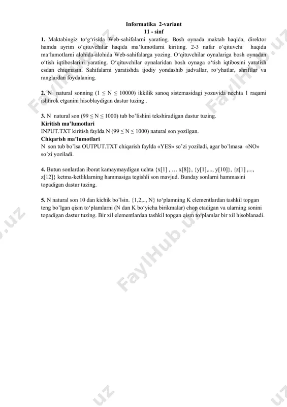 al son 10 dan kichik bo’lsin. {1,2,.., n} toʻplamning k elementlardan tashkil topgan teng bo’lgan qism toʻplamlarni (n dan k boʻyicha birikmalar) chop etadigan va ularning sonini topadigan dastur tuzing. bir xil elementlardan tashkil topgan qism toʻplamlar bir xil hisoblanadi. информатика 2-вариант 11 - класс 1. разработайте web-страницы, рассказывающие о вашей школе. на головной странице разместите рассказ о школе, учителях и директоре. рассказ о 2-3 учителях разместите на отдельных web-страницах. укажите ссылки на страницы учителей с головной web-страницы. не забудьте разместить ссылки возврата на головную страницу. творчески оформите страницы с помощью таблиц, списков, шрифтов и цветов. 2. напишите программу, вычисляющую количество единиц в двоичной записи заданного натурального числа n (1 ≤ n ≤ 10000). 3. составьте программу, проверяющую, является ли простым заданное натуральное число n (99 ≤ n ≤ 10000). входные данные входной файл input.txt содержит натуральное число n (99 ≤ n ≤ 1000). выходные данные в выходной файл output.txt …