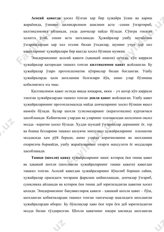 н. дерма - терининг асосий қавати бўлиб, бевосита эпидермис остида жойлашган. у тери қалингининг 95-98 % ни ташкил этади. дерма аморф моддага ботган толали ва ҳужайрали структуралардан ташкил топган. унинг қалинлиги, зичлиги ва мустаҳкамлиги, ҳайвоннинг тури ва ёшига, шунингдек терининг топографик қисмларига қараб ўзгаради. дермада ўзаро зич боғланган иккита қаватни фарқлаш мумкин. устки- ғуддали қават (термостатик) қалинлиги каттароқ ва пишиқлиги камроқ, пастки – тўрли қават, анча зич ва мустаҳкамроқ қават. эпидермисга ёндашган ғуддали қават, тола боғламлари орасида жойлашган соч халтачалари, сочни кўтарувчи мушаклар, ёғ ва тер безларини сақлайди. ғуддали қават қалинлиги, ҳайвоннинг тури, ёши ва терининг топографик қисмларига қараб, дерма қалинлининг 20-50% ни ташкил этади. ушбу қават сиртини, юзги қават деб юритиш қабул қилинган, чунки эпидермис бартараф этилгандан сўнг, ғуддали қават юзаси терининг юза томони бўлиб қолади. бу қават ҳар бир хом -ашё турига хос бўлган расм- мереяга эга. ғуддали қаватнинг бу қисмида кўп миқдорда эластин толалари мавжуд, улар тармоқланган …