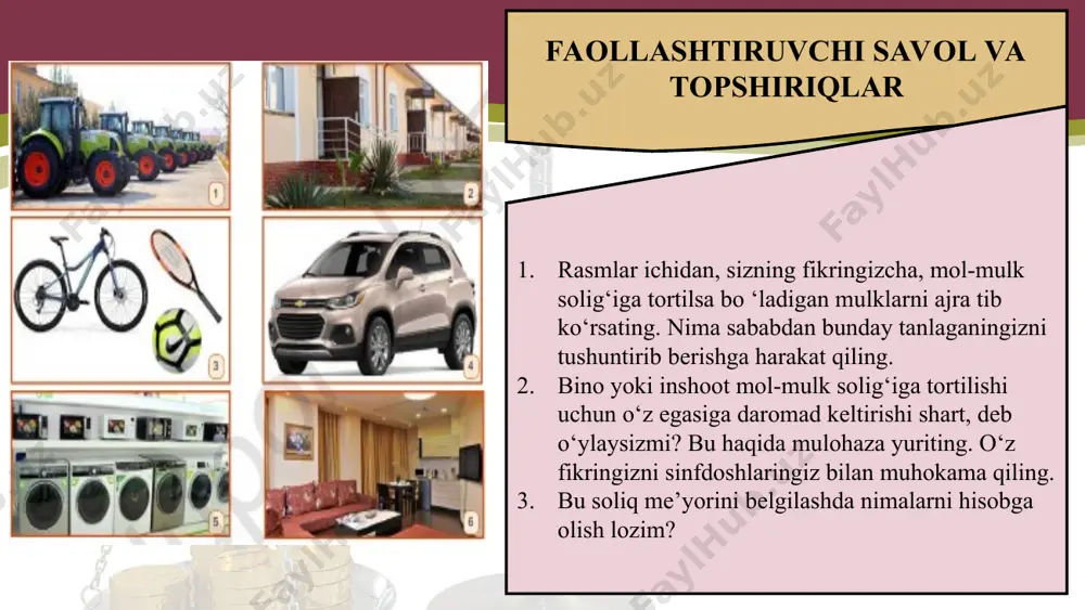 i har bir odamning ulushiga qarab belgilanadi. yangi qurilgan yoki sotib olingan binolarga soliq kelgusi yil boshidan boshlab hisoblanadi. mol-mulk yo‘q qilingan, butunlay vayron bo‘lgan hollarda mol-mulk solig‘ini to‘lash ular yo‘q qilingan yoki butunlay vayron bo‘lgan oydan boshlab to‘xtatiladi meros bo‘lib qolgan mulkdan mol-mulk solig‘i meros olingan paytdan boshlab to‘lanadi. agar mulkning egasi almashsa, uning oldingi egasi joriy yilning 1- yanvaridan boshlab egalik huquqi yo‘qolgan paytgacha (oygacha) soliqni to‘laydi. mulkning yangi egasi esa egalik huquqini olgan oydan boshlab to‘laydi. agar mulk egasi soliq to‘lashda ayrim imtiyozlarga ega bo‘lish huquqini qo‘lga kiritsa, mol-mulk solig‘i o‘sha huquq vujudga kelgan oydan boshlab qayta hisoblanadi. mol-mulk solig‘ini to‘lash haqida to‘lov xabarnomalari davlat soliq idoralari tomonidan to‘lovchilarga har yili 1-maydan kechiktirmay topshiriladi. yuridik shaxsga tegishli bo‘lgan quyidagi mol-mulklar molmulk solig‘iga tortiladi: • asosiy vositalar, shu jumladan, moliyaviy ijara (lizing) shartnomasi bo‘yicha olingan asosiy vositalar (masalan, intellektual mulk); • nomoddiy aktivlar; • tugallanmagan qurilish obyektlari; • …