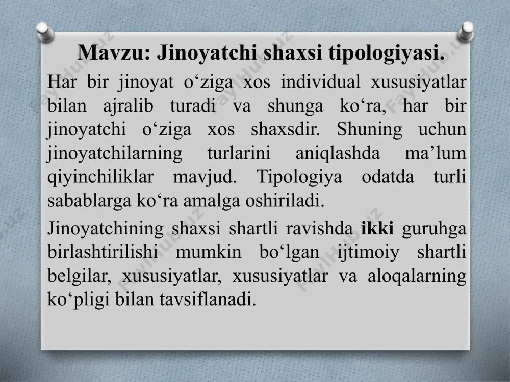 himdir. maqsadlar (kasbiy tayyorgarlik va umumiy ta’lim darajasi, axloq tuzatish-mehnat muassasasida ushlab turish rejimiga rioya qilish va mehnatga munosabat va boshqalar). bizning fikrimizcha, tipologiya faqat shaxsning ushbu turiga xos bo‘lgan eng muhim belgilar, xususiyatlar va aloqalarni ochib beradi va o‘z ichiga oladi, ular o‘zlarining umumiyligida ushbu hodisaning mohiyatini tashkil qiladi. u asosiy narsani qamrab oladi, ularsiz ma’lum bir turdagi shaxs mavjud emas va bo‘lishi ham mumkin emas. shu ma’noda, tipologiya jinoyatchi shaxsining xarakterli belgilarining etarlicha barqaror va barqaror tizimini tashkil qiladi. jinoyatchilarni tasniflashda jinoyat sodir etgan shaxslarning statistik yig‘indisini ma’lum sinflar, toifalar va toifalarga taqsimlash maqsadi ko‘zlangan. bundan tashqari, tasniflash, uning oldida turgan maqsadlarga qarab, tipologiyada bo‘lgani kabi, nafaqat tabiiy yoki eng muhim, balki jinoiy xatti-harakatlarning sabablari yoki uni tushuntirish bilan bog‘liq har qanday nazariy asoslangan mezonlarga asoslanishi mumkin. kriminologik tipologiya an'anaviy ravishda ikkita xususiyat guruhini o‘z ichiga oladi: a) shaxsiy xususiyatlarning kriminogen buzilishining tabiati va darajasini aks ettiruvchi; b) …