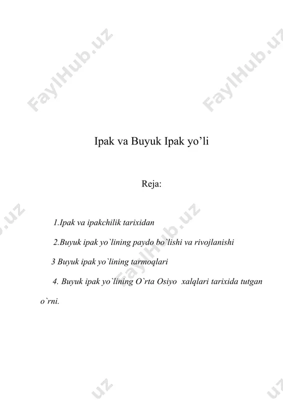 da) xitoyning xunnlarga qarshi kurashi uchun ittifoqchi izlab kelgan edi. mil. avv. iig`i asrlarga kelib, chjan syan yurgan yo`llarda xitoyni o`rta va o`arbiy osiyo bilan boqlayigan karvon yo`li paydo bo`ladi. bu yo`l buyuk ipak yo`li deb atalib, umumiy uzunligi 12 000 km dan iborat edi. ilk o`rta asrlarga kelib, ipak yo`lining yanada rivojlanganligini kuzatish mumkin. o`z davrida nihoyatda katta ahamiyatga ega bo`lgan bu yo`lning dastlabki tarmoqi xitoydagi sian shahridan boshlanib, sharqiy turkiston, o`rta osiyo, eron, mesopotamiya orqali o`rta yer dengizigacha cho`zilgan. buyuk ipak yo`lining tarmoqlari xitoyning anosi shahriga kelib, ipak yo`li bir necha tarmoqlarga bo`linib ketgan. xususan bir tarmoq anosig`xamig`qoshqar orqali qo`qonga, undan esa toshkentga o`tgan. bu yerdan jizzax va samarqand orqali buxoroga kelgan yo`l urganch orqali guryevga, u yerdan oqsaroy orqali qora dengiz bo`ylariga chiqqan. yana bir tarmoq esa dunxuan orqali xo`tanga, undan loxurga o`tib ketgan. undan tashqari buxoroga kelib, bu tarmoq ikkiga bo`lingan. janubiy yo`nalish buxorog`qarshig`termiz orqali nishopurga …