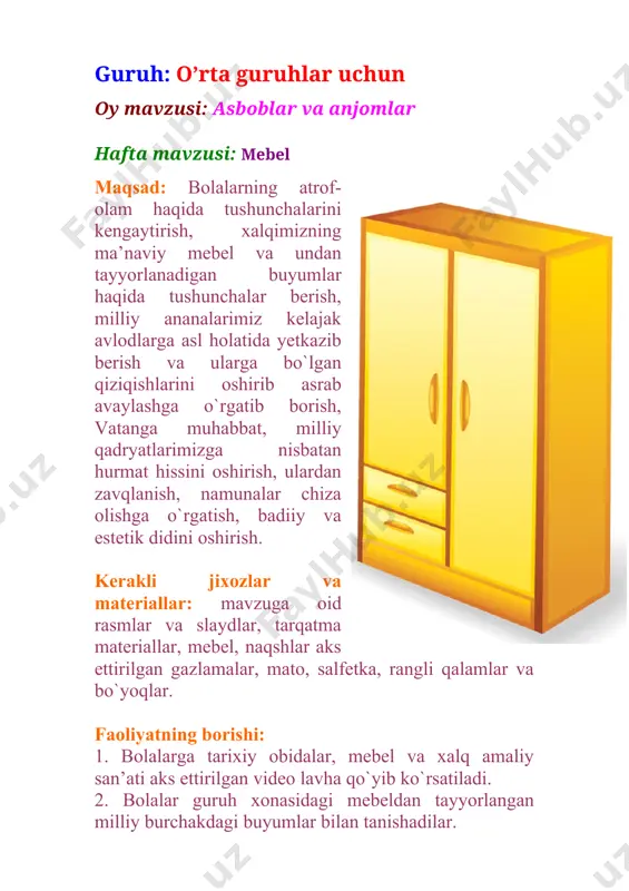 ar, matolar tasvirlangan ekan. 2-bola: bu jixozlarning barcha turlari milliy naqshlarimiz bilan bezatilgan ekan. tarbiyachi: to`g`ri bolajonlar kelinglar men sizlarga xalqimizning amaliy san’ati va mebeldan tayyorlangan milliy naqshlar haqida ko`proq tushunchalar beraman. qarang mana bu milliy burchagimizga bugun yana ham ko`proq yangi buyumlar qo`yganman. ular bilan tanishamiz. ularda xalqimizning orzu umidlari, istak hohishlari, turmush tarsi aks ettirilgan. bizning xalqimizning juda qadimdan manaviyatli va marifatli bo`lishgan. ular o`zlarining kundalik hayotlarida kulolchilik, zardo`zlik, ganchkorlik, naqqoshlik kabi ko`plab hunar turlari bilan shug`ullanishgan. bu hunarlari bilan ular madrasalarni, shohlarning saroylarini, karvonsaroylarini bezashgan. ganchkor ustalar binolarni devorlariga, peshtoqlariga bezak bergan bo`lsa, naqqoshlar esa ustunlarni, eshik va derazalarni naqshlar bilan bezagan. chevar momolar esa turlipalaklar va so`zanalar bilan xona ichini jixozlaganlar. xalqimizning bu meroslaridan ayrimlari xozirgi kungacha bizgacha ham yetib kelgan. naqsh milliy san’at turlaridan biri bo`lib, gazlamalarga, yog`ochlarga va chinni idish tovoqlarga bezak sifatida ishlatiladi. milliy naqshlardan yurtimizning tarixiy obidalarida juda ko`p foydalanilgan. ular go`zalligi, …