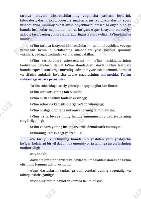 ri yoki boshqa qonuniy vakillari, pedagog xodimlar va ularning vakillari; ta’lim tashkilotlari attestatsiyasi — ta’lim tashkilotlarining faoliyatini baholash, davlat ta’lim standartlari, davlat ta’lim talablari hamda o‘quv dasturlariga muvofiq kadrlar tayyorlash mazmuni, darajasi va sifatini aniqlash bo‘yicha davlat nazoratining as4-modda. ta’lim sohasidagi asosiy prinsiplar ta’lim sohasidagi asosiy prinsiplar quyidagilardan iborat: ta’lim ustuvorligining tan olinishi; ta’lim olish shaklini tanlash erkinligi; ta’lim sohasida kamsitishlarga yo‘l qo‘yilmasligi; ta’lim olishga doir teng imkoniyatlarning ta’minlanishi; ta’lim va tarbiyaga milliy hamda umuminsoniy qadriyatlarning singdirilganligi; ta’lim va tarbiyaning insonparvarlik, demokratik xususiyati; ta’limning uzluksizligi va izchilligi; o‘n bir yillik ta’limning hamda olti yoshdan yetti yoshgacha bo‘lgan bolalarni bir yil davomida umumiy o‘rta ta’limga tayyorlashning majburiyligi; osiy shakli; davlat ta’lim standartlari va davlat ta’lim talablari doirasida ta’lim olishning hamma uchun ochiqligi; o‘quv dasturlarini tanlashga doir yondashuvning yagonaligi va tabaqalashtirilganligi; insonning butun hayoti davomida ta’lim olishi; jamiyatda pedagoglarni ijtimoiy himoya qilishning kafolatlanganligi; ta’lim tizimining dunyoviy xususiyatga egaligi; bilimlilik, qobiliyatlilik va iste’dodning …
