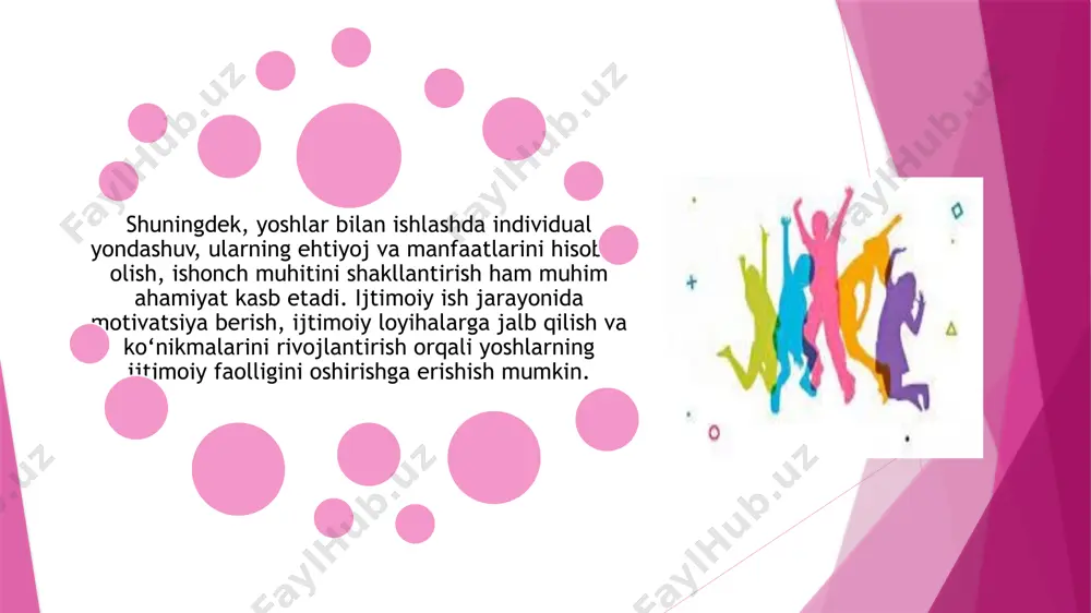 halar va texnologiyalar mavjud.aynan manashu mavjudlik bugungi kunda rivojlanishimiz va farovon ijtimoiy jamiyat barpo etishimiz uchun asos va omildir. foydalanilgan adabiyotlar ro‘yxati avazov, f., & tursunov, a. (2020). ijtimoiy ish: nazariy va amaliy asoslar. tashkent: o'zbekiston respublikasi oliy va o'rta maxsus ta'lim vazirligi. suvonov, m., & xojaev, d. (2021). yoshlar siyosati va ijtimoiy ishning ahamiyati. tashkent: yoshlar ijodiy markazi. yusufov, k. (2022). innovatsion texnologiyalar va ularning yoshlar ta'limidagi o'rni. tashkent: ta'lim vazirligi. bryant, c. d., & peck, r. (2020). social work with youth: theories and practices. london: routledge. gulomov, s. (2019). blockchain texnologiyasi va uning jamiyatdagi o'rni. tashkent: informatika va elektronika institutining nashriyoti. chui, m., & manyika, j. (2018). the impact of ai and blockchain on future industries. mckinsey & company. unesco. (2021). yoshlar va ta'lim: innovatsion texnologiyalar orqali rivojlantirish. paris: unesco. o'zbekiston respublikasi prezidentining qarorlari va farmonlari (2020). yoshlar siyosatiga oid huquqiy me'yorlar. tashkent: o'zbekiston respublikasi prezidentining rasmiy hujjatlari. …