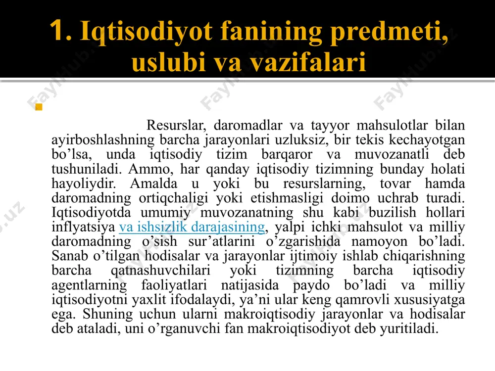 vositalar esa fiskal (byudjet-soliq) va monetar (pul-kredit) siyosatdir. xulosa qilib aytganda makroiqtisodiyot fani alohida mamlakatda iqtisodiy siyosatning va jahon xo’jalik aloqalarini tashkil etishning nazariy asosi hisoblanadi. zamonaviy makroiqtisodiyotning asosiy belgisi va afzalligi jamiyatdagi jarayonlarda mavjud resurslarni cheklanganlarini qayd etib, ularni tejab ishlatish, farovonlikni oshirish yo’llarini asoslab berish hisoblanadi. iqtisodiyot va biznes fani – turli moddiy, moliyaviy, mehnat va boshqa tur boyliklarni bir mamlakatdagi barcha resurslar doiraviy aylanishini, ularni samarali ishlatilishini, iqtisodiy o’sish barqarorligini, ya’ni milliy iqtisodiyotni rivojlanishini umumiy holda o’rganadi. makroiqtisodiyot fanining ahamiyati nafaqat davlat boshqaruvida umumiqtisodiy siyosatni olib borishi va yo’nalishlarini ishlab chiqish uchungina, balki alohida tadbirkorlar, korxonalar, uy xo’jaliklari, oddiy fuqarolar faoliyatida ham zarur. xulosa davlat o’z ishtiroki bilan firmalarning ishlab chiqarish hajmlari va uy xo’jaliklarining tovarlar va xizmatlar xarid qilish miqdolari to’g’risidagi qarorlari o’zaro mos kelmagan hollarda ro’y beradigan iqtisodiy tebranishlarni tartibga solib turadi. ochiq iqtisodiyot sharoitida doiraviy oqimlar modeli yanada murakkablashadi. endi unda to’rtinchi makroiqtisodiy sub’ekt- …