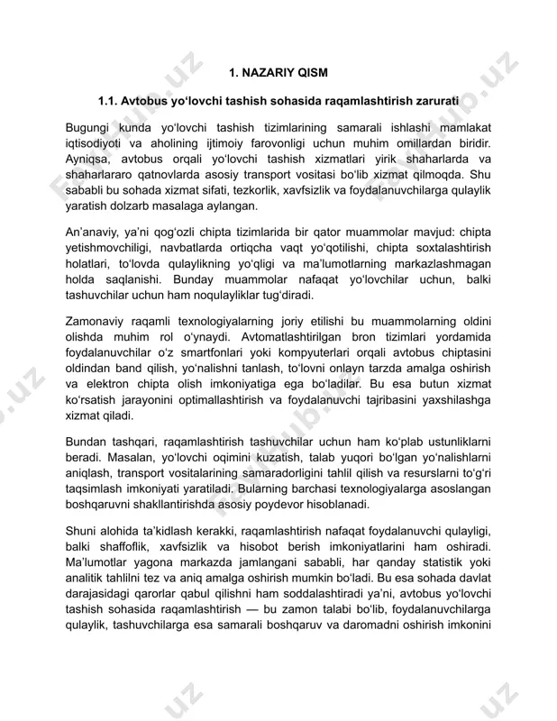 agi axborot oqimlari va muammolar avtobus chiptalarini bron qilish jarayoni asosan foydalanuvchi tomonidan amalga oshiriladigan bir nechta izchil bosqichlardan iborat bo‘lib, har bir bosqichda ma’lum axborotlar shakllanadi, uzatiladi va qayta ishlanadi. ushbu axborot oqimlari to‘g‘ri tashkil etilmaganda, butun tizim samaradorligiga salbiy ta’sir ko‘rsatadi. oddiy bronlash jarayoni odatda quyidagi ketma-ket axborot oqimlari asosida ishlaydi: ● foydalanuvchi tomonidan marshrut, sana va vaqt bo‘yicha so‘rov yuboriladi; ● tizim mavjud avtobuslar va bo‘sh o‘rinlar bo‘yicha ma’lumotlarni chiqaradi; ● foydalanuvchi o‘z tanlovini amalga oshiradi va shaxsiy ma’lumotlarini kiritadi; ● tizim chipta band qilinayotganini tasdiqlaydi va to‘lov bosqichiga o‘tadi; ● to‘lovdan so‘ng foydalanuvchiga elektron chipta yoki qr-kod taqdim etiladi. mazkur jarayonlardagi axborot oqimlari real vaqt rejimida, uzluksiz va xatolarsiz ishlashi talab etiladi. biroq, amaldagi ko‘plab tizimlarda quyidagi muammolar kuzatiladi: 1. axborot uzilishlari: ba’zan foydalanuvchidan yuborilgan so‘rovlar serverga yetib bormaydi yoki kechikadi. bu esa bronlash jarayonida vaqt yo‘qotilishiga olib keladi. 2. noaniq yoki eskirgan ma’lumotlar: tizimda real …