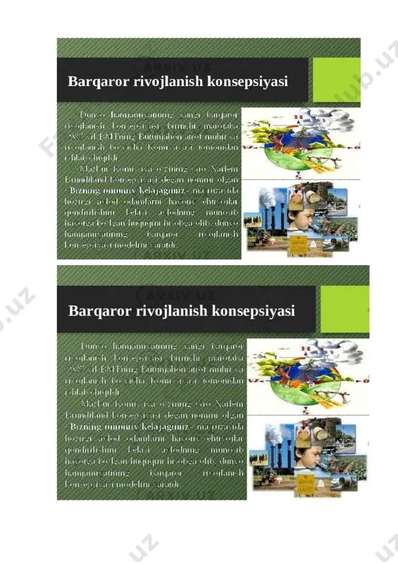 ahkamlash va jazo mexanizmlarini kuchaytirish;aholining ekologik ongini oshirish bo‘yicha targ‘ibot ishlari. barqaror rivojlanishning ekologik jihatlari inson va tabiat o‘rtasidagi uyg‘unlikni saqlashga, tabiiy resurslardan oqilona foydalanishga va kelajak avlodlarga sog‘lom muhitni qoldirishga qaratilgan bo‘lib, bu yo‘ldagi harakatlar bugungi va ertangi kun uchun hal qiluvchi ahamiyat kasb etadi. ekologik muammolar va ularning barqaror rivojlanishga ta’siri xxi asrga kelib insoniyat ijtimoiy-iqtisodiy taraqqiyot bilan birga chuqur ekologik muammolarga duch keldi. atrof-muhitga salbiy ta’sir etuvchi omillar tobora ortib borayotgani barqaror rivojlanishga jiddiy xavf tug‘dirmoqda. shuning uchun bugungi kunda barqaror rivojlanish strategiyalarida ekologik muammolarga qarshi kurashish muhim o‘rinni egallaydi. asosiy ekologik muammolar 1. atmosfera ifloslanishi havoga sanoat korxonalari, transport vositalari va yoqilg‘i yoqish natijasida chiqarilayotgan zaharli gazlar (co₂, noₓ, so₂) ekologik muhitga salbiy ta’sir ko‘rsatmoqda. bu esa nafaqat inson salomatligiga, balki global iqlim tizimiga ham tahdid soladi. 2. iqlim o‘zgarishi va global isish havo haroratining o‘rtacha ko‘rsatkichlari yildan-yilga ortib bormoqda. muzliklar erib ketmoqda, qurg‘oqchilik, suv tanqisligi …