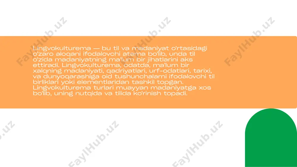 iboralar, ma'lum bir madaniyatdagi ma'lum bir tushuncha yoki hodisani ifodalashga xizmat qiladi. bu turdagi lingvokulturemalar turli madaniyatlar o'rtasida farq qiladi va ular o'z madaniy ma'nosini tashiydi. misol: o'zbek tilida "salom, yangam!" deb aytish, faqat salomlashishdan tashqari, odamlar o'rtasidagi iliqlik va samimiyatni ham aks ettiradi. xitoy tilida esa odatda salomlashishda "ni hao" (sog‘lom bo‘lishingizni tilayman) kabi iboralar ishlatiladi, bu esa ularning madaniyatida ahamiyatli bo‘lgan hurmat va ehtiyotkorlikni ifodalaydi. pragmatik lingvokulturema pragmatik lingvokulturema — bu madaniyatda tilning ijtimoiy va amaliy o'ziga xos xususiyatlari. bu turdagi lingvokulturemalar tilning nutq amaliyotida, ya'ni gapirish va tinglash jarayonida qanday ishlatilishini va bu jarayonda madaniyatning qanday ro'l o'ynashini ko'rsatadi. misol: grek mifologiyasidagi "zeus" yoki "afina" kabi ismlar, faqat shaxsiy nomlar emas, balki yunon madaniyatidagi qadriyatlar va diniy e'tiqodlarni aks ettiradi. shuningdek, turk madaniyatida "baba" (qadimiy, hokim shaxs) yoki "ular" (jinnilarga oid tushunchalar) kabi atamalar mavjud. mifologik lingvokulturema mifologik lingvokulturema — bu madaniyatning qadimgi mifologik tasavvurlari va ularning …