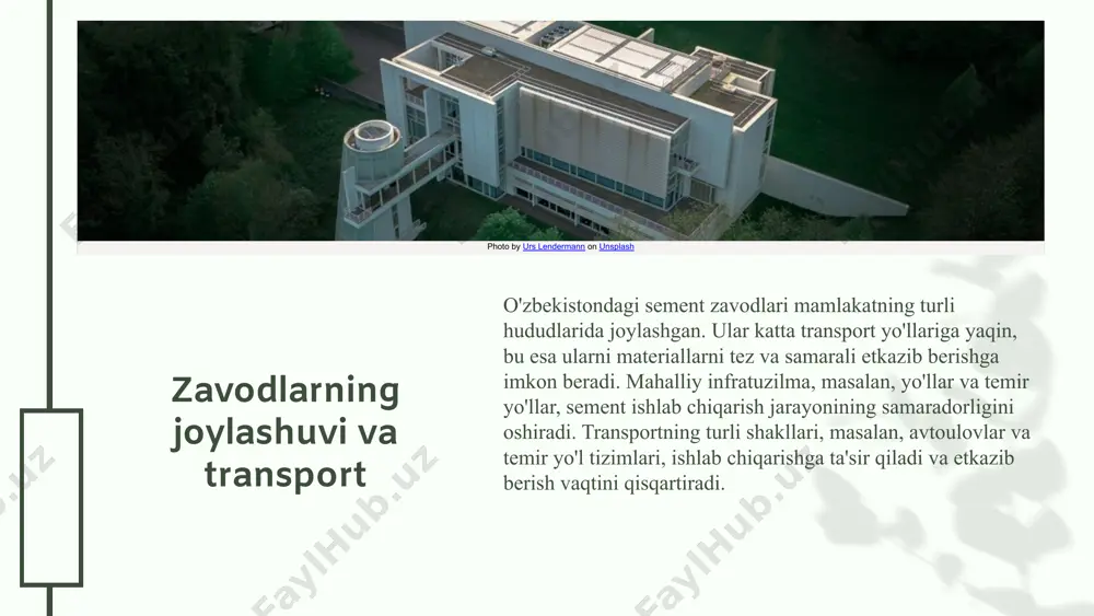 sh va modernizatsiya qilish orqali bu muammolarni hal etish istiqbollari mavjud. innovatsion texnologiyalar ishlab chiqarishni samarali qilishni rejalashtirmoqda. 04.26.24 04.26.24 sement sanoatida innovatsiyalar - sement sanoatida yangi texnologiyalar ishlab chiqarish jarayonlarini samarali va ekologik jihatdan toza qilishga yordam beradi. - innovatsion yondashuvlar, masalan, 3d bosib chiqarish va sun'iy intellektdan foydalanish, ishlab chiqarish samaradorligini oshiradi va xarajatlarni kamaytiradi. - yangi usullar bilan energiya iste'molini kamaytirish mumkin. - sanoat uchun muqobil energiya manbalari, masalan, quyosh va shamol energiyasi, sement ishlab chiqarishda muhim rol o'ynaydi. - innovatsiyalarni joriy etish imkoniyatlari zamonaviy texnologiyalarni qo'llash, xom ashyo va energiya manbalarining diversifikatsiyasi orqali amalga oshirilishi mumkin. 04.26.24 1 2 04.26.24 sement ishlab chiqarish o'sishi o'zbekiston sement ishlab chiqarishining asosiy o'sish ko'rsatkichlari 2020-yildan 2023-yilgacha bo'lgan davrda sezilarli darajada oshdi. ushbu davrda sement ishlab chiqarish hajmi yillik o'sish sur'atlari 10% dan oshdi, bu mamlakat infratuzilmasi va qurilish sohasidagi talabning ortishi bilan bog'liq. mahalliy zavodlar yangi texnologiyalarni joriy etish …