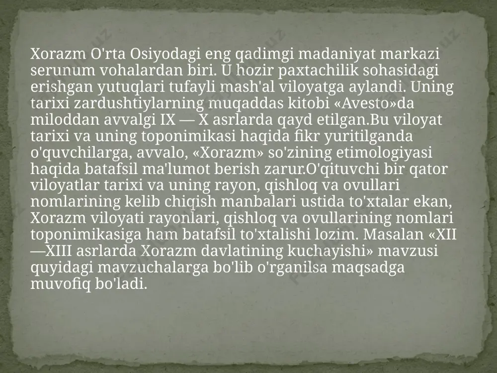 egan fikr bor. v. a. livshitsning fikricha, vixara so'zi so'g'd tilida parxar shaklida kirgan. hofizi tanish buxoriyning yozishicha, «buxoro» so'zi buxor so'zidan kelib chiqqan bo'lib,o'tparastlar tilida «ilm makoni» demakdir. bu talaffuz uyg'ur va xitoy butparastlarining tiliga yaqindir, chunki (ularda) sig'inish joylari bo'lgan ma'budalarni «buxor» deb ataydilar. buxoro shaxrining nomi aslida lumijkat bo'lgan (hofizi tanish buxoriy, «abdullanoma», buxorotoponimi yolg'iz emas. xi — xii asrlarda balx shahri atrofida navbahor ibodatxonasi bo'lgan. navbaxor «erta bahor» emas, balki «yangi ibodatxona» demakdir. buxoro shahri etimologiyasi bilan hindistondagi bixar shtatining etimologiyasi birdir (v. a. nikonov). v. v. shostakovich sibirdagi buxoro nomli daryoni tilga oladi. afrosiyob — samarqand shaxrining dastlabki nomi. hozir arxeologiyaga oid kurikxona shu tepalikdan topilgan arxeologiyaga oid topilmalar samarqandning yoshini aniqlashda asos bo'lib xizmat qiladi. sug'dcha par siyov (par siyoh ob) — qora suv tepaligi degan ma'noni bildiradi. ya. g'. g'ulomovning fikricha, solor, kaykovus, zolariq va afrosiyob nomlari «shohnoma» kitobi ta'siri ostida maydonga kelgan …