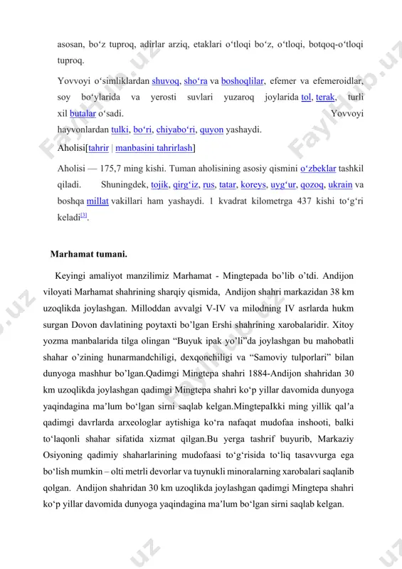 zmat qilgan. bu yerga tashrif buyurib, markaziy osiyoning qadimiy shaharlarining mudofaasi to‘g‘risida to‘liq tasavvurga ega bo‘lish mumkin – olti metrli devorlar va tuynukli minoralarning xarobalari saqlanib qolgan.mingtepa arxeologlarga farg‘onada joylashgan qadimgi dovon davlati tarixi haqida ko‘proq maʼlumot to‘plashga ko‘maklashdi, qazishmalar hali ham to‘xtatilmagan, chunki mingtepa ko‘plab ochilmagan sirlarni o‘zida saqlab turibdi. imom ota ziyoratgohi. keyingi amaliyot manzilimiz andijon viloyatida joylashgan qadimgi ziyoratgoh imom ota qadamjosida bo’lib o’tdi. o‘zbekistonning har bir go‘shasi o‘ziga xos va betakrordir. ajoyib vohalarda joylashgan qadimiy shaharlar o‘zining tarixiy merosi, o‘ziga xos an’ana va madaniyati bilan kishini maftun etadi. shu bois yurtimizni ko‘rish, havosidan nafas olish istagida bo‘lgan dunyoning turli burchaklaridan kelayotgan sayyohlar soni yil sayin ortib bormoqda. shunday qilib, zamonaviy infratuzilmasiga hamda turizm sohasida yuksak salohiyatiga ega andijon viloyati o‘zbekistonliklar va xorijlik mehmonlarning diqqat markazida.viloyatda ko‘plab diqqatga sazovor joylar mavjud bo‘lib jumladan, imom ota ziyoratgohlari joylashgan ajoyib qishloq ham shular jumlasidandir. qishloq xo‘jaobod tumanida, tosh ota …