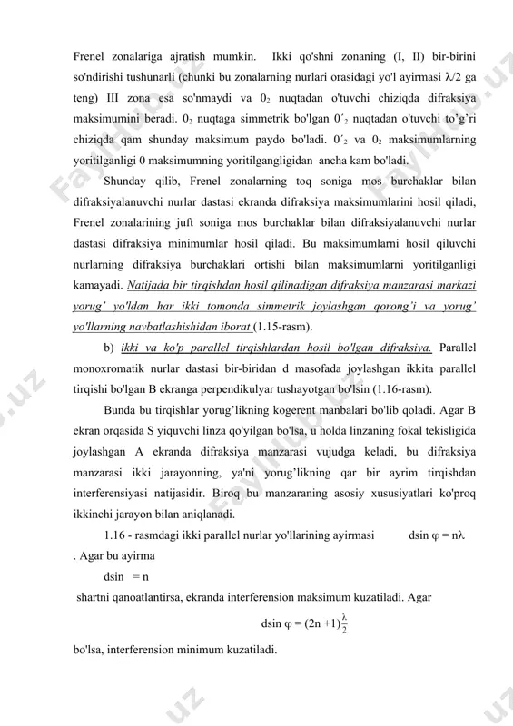 a yaqin joylashgan ko'plab parallel tirqishlar to'plamidan difraksiyalanganida ham difraksiya manzarasining ko'rinishi ikki tirqishdan difraksiyalanishdagi ko'rinishda bo'ladi. faqat maksimumlar ravshanroq va torroq, ularni ajratib turgan minimumlar esa keng va amalda butunlay qorong’i ko'rinadi. bunday qurilma difraksiya panjarasi deyiladi, d masofa panjaraning davri deyiladi. difraksiya panjaralari shisha plastinka yoki metall ko'zgu sirtiga ingichka shtrixlar (tirnashlar) chizish yo'li bilan tayyorlanadi. difraksion panjara bilan yorug’lik to'lqin uzunligini aniqlash mumkin. rentgen nurlari difraksiyasi difraksion manzara kuzatilishi uchun panjara doimiysi va to'lqin uzunliklarining tartibi bir xil bo'lishi kerak. kristallarning panjara doimiysi (10-10 m va shuning uchun ko'rinadigan yorug’lik (( ( 5(10-7 м) uchun ularda difraksiya kuzatilmaydi. nemis fizigi m.laue kristallarda difraksiyani rentgen nurlari ((10-12 - 10-8 м)da kuzatish mumkinligini birinchi bo'lib ko'rsatdi. monoxromatik rentgen nurlari dastasi (1,2) - sirpanish burchagi ostida kristallga tushmoqda va 1 , 2 ikkilamchi to'lqin sifatida tarqalmoqda va interferensiyalanmoqda. intensivlik maksimumlari - difraksion maksimumlar 2d sin ( = m( (m=1,2,3, ...) …