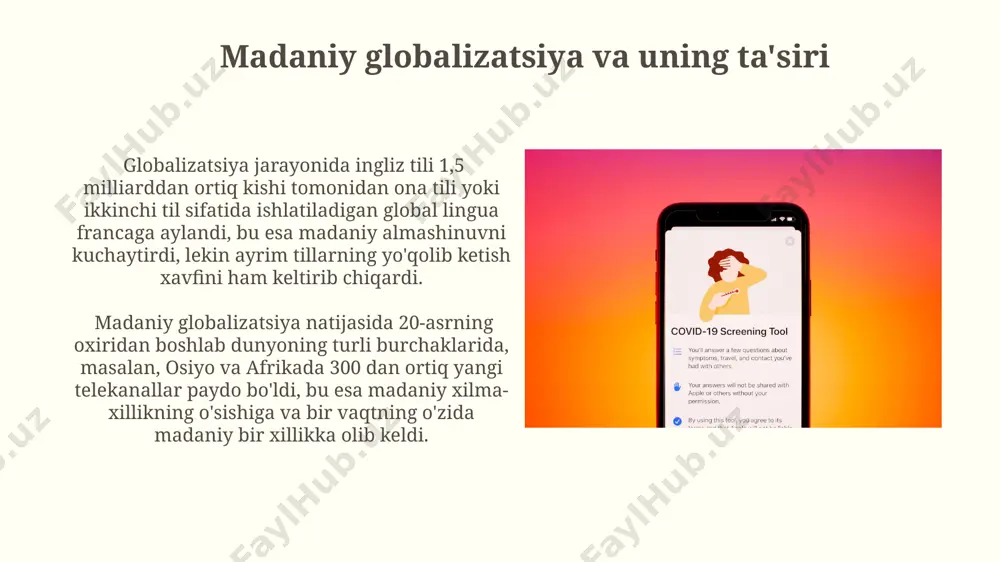 t yuritayotgan kompaniyalar misolida global hukmronlikning falsafiy asoslarini va unga qarshi turishning axloqiy-falsafiy jihatlarini o'rganish muhimdir. jahonlashuvning 21-asr oxiriga kelib 7 milliarddan ortiq aholini qamrab olishi va bu esa, markaziy osiyo kabi mintaqalarda madaniy xilma-xillikning saqlanishiga falsafiy tahlil talab qilishini ko'rsatadi. global migratsiya va madaniy xilma-xillik global migratsiya natijasida 195 mamlakatdan ortiq mamlakatlarda 20 dan ortiq turli tillar va madaniyatlar bir-biri bilan yaqin aloqada boʻlib, yangi madaniy sintez va gibridizatsiyani shakllantiradi. jahon miqyosida 2000-yildan beri 250 milliondan ortiq odam koʻchib yurgan boʻlib, bu madaniy almashinuvning kuchayishiga va, ayni paytda, baʼzi mintaqalarda, masalan, yevropada madaniy ziddiyatlarning yuzaga kelishiga olib keldi. barqaror rivojlanish va ekologik muammolar barqaror rivojlanish maqsadlari (brm)ning 17 ta maqsadi, jumladan, iqlim o'zgarishiga qarshi kurash (13-maqsadi) va suv resurslarini boshqarish (6-maqsadi) kabi ekologik muammolarga bag'ishlangan bo'lib, 2030-yilgacha amalga oshirish rejalashtirilgan. o'rta osiyo mintaqasida 2050 yilga kelib aholining 70% ga yaqini suv tanqisligi xavfi ostida bo'lishi taxmin qilinmoqda, bu esa …