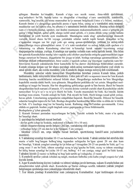 -avaylash, mexr-muxabbat tuyg’usini kamol toptirish; •oliyjanob insonlarga xos bo’lgan iymon-e’tiqod, insof-diyonat, saxovat, xalollik, mexr-oqibat kabi fazilatlarni yuksaltirishishonch bilan shuni aytish mumkinki, irodani toblaydigan, kishini xalollik sari intilishga undaydigan, qiyinchiliklarni bardosh va chidam bilan yengib o’tishga o’rgatadigan, inson qalbida g’alabaga ishonch, g’urur va iftixor tuyg’ularini shakllantirishga xizmat qiladigan kurash shiddatkor xayot talablariga javob bera oladigan shaxslarga, bunyodkor yoshlarning barkamol bo’lishida o’zining benazir xissasini qo’shadi. zero, polvonlik falsafasi kishini komillik sari yetaklaydi. demak, kurash bu - « maqsadga xalol erishish yo’lidir!» chunki kurash turli millatlarni bir-biriga yaqinlashtiruvchi, birlashtiruvchi, yaxshi yo’lga yergashtiruvchi g’am ma’naviy, xam jismoniy sog’lomlashtiruvchi kuchdir. bu yesa shubxasiz xammamizning yutug’imizdir. kurashning shunchaki sport turigina yemas, balki insonning u orqali jamiyatning nafaqat jismoniy, ma’naviy kamolotga yerishishida xam salmoqli omil yekanligini inobatga olib, ulug’ bobokalonlarimiz uni tarbiya maktabi deb ataganliklarini yuqorida kayd yetgan yedik. kurash maktabining xar bir a’zosi, ishtirokchisi o’z xayoti va amaliy faoliyatini muayyan ilmiy, ma’naviy-ma’rifiy odob tamoyillari asosida qurmog’i, …