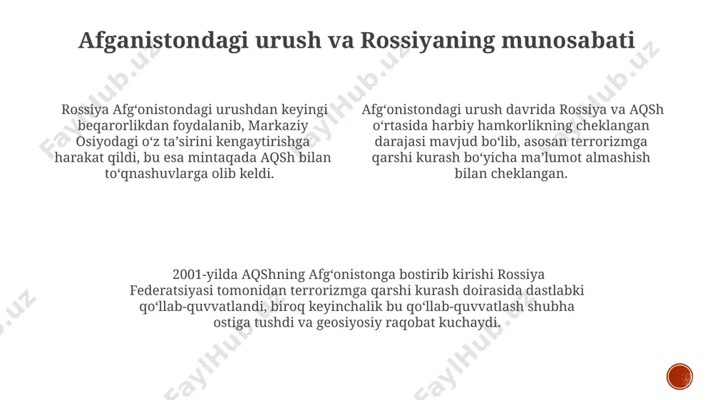 raqobat 2000-yillarning boshlarida rossiya va g’arb o’rtasidagi energetika sohasidagi hamkorlikka qaramay, gaz quvurlari loyihalari atrofida geosiyosiy raqobat kuchayib bordi, bu esa mintaqaviy beqarorlikka olib keldi. “nord stream” va “south stream” kabi yirik gaz quvurlari loyihalari yevropa ittifoqining energetika xavfsizligiga rossiyaning ta’sirini oshirdi va shu bilan birga, geosiyosiy manevr qilish imkoniyatini kengaytirdi. rossiya 21-asr boshlarida gaz eksportidan 150 milliard dollarga yaqin daromad oldi, bu esa uning geosiyosiy ta’sirini sezilarli darajada oshirdi va energetika resurslarini geosiyosiy qurol sifatida ishlatish imkoniyatini berdi. 9/11 terroristik hujumlarining ta’siri 2001 yildan keyingi davrda aqshning rossiyaga nisbatan yadroviy qurollarni kamaytirish bo'yicha muzokaralarga bo'lgan yondashuvi o'zgarib, strategik barqarorlikka ta'sir ko'rsatdi va munosabatlarning keskinlashuviga sabab bo'ldi. 9/11 hujumlaridan keyin aqshning afg'oniston va iroqqa qarshi harbiy amaliyotlari rossiya bilan munosabatlarga salbiy ta'sir ko'rsatdi, chunki rossiya bu harakatlarni mintaqadagi beqarorlikni kuchaytiradigan deb hisobladi. 9/11 dan keyingi “terrorizmga qarshi urush” doirasidagi aqshning global harbiy mavqeining kuchayishi rossiyaning geosiyosiy manfaatlariga tahdid sifatida baholandi …