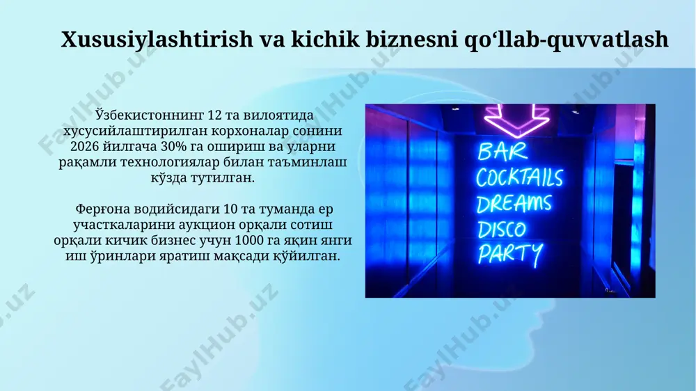 и тайёрлаш учун 5000 дан ортиқ замонавий компьютер ва дастурий таъминотни етказиб бериш режалаштирилган. 2025 йилгача ўзбекистоннинг барча туман ва шаҳарларида юқори тезликдаги интернетга кириш имкониятини таъминлаш, шунингдек, аҳолининг 80% дан ортиғига интернетга киришга имкон яратиш режалаштирилган. davlat boshqaruvi samaradorligini oshirish davlat boshqaruvi samaradorligini oshirish maqsadida 2025 yilgacha 5 ta yirik shaharda elektron hukumat tizimlarini joriy etish va fuqarolarning davlat xizmatlariga kirish imkoniyatini 30% ga oshirish rejalashtirilgan. korrupsiyaga qarshi kurash doirasida, 2024 yilga qadar, viloyatlar va tumanlar darajasida 100 dan ortiq yangi monitoring markazlari tashkil etilib, shaffoflikni ta'minlashga qaratilgan. sogʻliqni saqlash tizimini isloh qilish surxondaryo viloyatida 2024 yildan boshlab onalar va bolalar salomatligini himoya qilish boʻyicha yangi milliy dastur doirasida 3 ta yangi perinatal markaz ochilishi kutilmoqda. sogʻliqni saqlash tizimini isloh qilish doirasida 2025 yilgacha viloyatlardagi 50 ta tuman kasalxonalarini zamonaviy tibbiyot uskunalari bilan jihozlash rejalashtirilgan. ekologik muammolarni hal qilish qoraqalpogʻiston respublikasida choʻl oʻsimliklarini 30% ga koʻpaytirish, tuproq eroziyasini oldini …