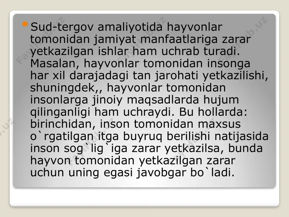 ti tushuniladi jinoyat qonunchiligida va sud amaliyotida aybning og`irligini anglatuvchi, uning miqdoriy xususiyatini aks ettiruvchi “aybning darajasi” tushunchasi ishlatiladi. aybning darajasi shaxsning jinoyat holatlariga bo`lgan munosabati shakllari va tarkibining jami bilan aniqlanadi hamda ijtimoiy xavfli qilmishning darajasi bilan belgilanadi. bular quyidagilardan iborat: ruhiy munosabatining xususiyatlari, jinoyatning motiv va maqsadi, shaxsni tavsiflaydigan holatlarga oid jinoiy qasd yoki ehtiyotsizlikning kelib chiqishiga turtki bo`lgan sabab va shart-sharoitlardir. image2.jpeg image3.jpeg image4.jpeg image5.png /docprops/thumbnail.jpeg