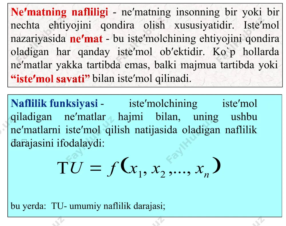 ing miqdori gorizontal o`q bo`yicha ifodalangan x1 ne′matning bir birligi uchun, vertikal o`q bo`yicha ifodalangan x2 ne′matning qancha miqdoridan voz kechish mumkinligini ko`rsatadi x2mrs x1 , x 2   x 2 x 1 x1 x2 x1 12 befarqlik egri chizig`ining har qanday nuqtasida, shu nuqtadan o`tgan chiziqning tangens burchagi yotiqligining absolyut qiymatiga teng. befarqlik egri chizig`ining tangens burchagi yotiqligi manfiy bo`lgani uchun manfiy bo`ladi. lekin, mrs musbat bo`lib, u burchak yotiqligining absolyut qiymati bo`yicha olinadi. agar funksiya uzluksiz bo`lsa, masalan, kitobga va ta bananga teng bo`lsa, bo`ladi va iste′molchi bitta kitob uchun uchta bananni berishga tayyor. ko`rsatish mumkinki, bu yerda 3 ta banandan olinadigan naf bitta kitobdan olinadigan nafga teng. naflilik funksiyasi dan to`liq differensial olsak: va larni shunday tanlash mumkinki, natijada bo`ladi. u holda quyidagini yozishimiz mumkin: bu yerda: demak, ikkinchi ne′matni birinchi ne′mat bilan befarqlik egri chizig`ining har bir nuqtasidagi chekli almashtirish normasi mrs , ne′matlarning shu …