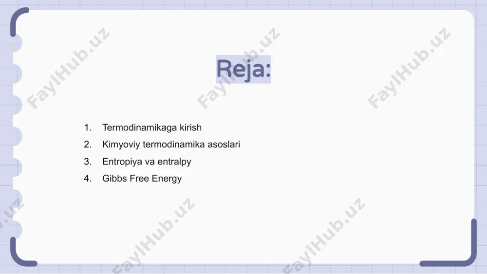 izimlarda energiya va issiqlikni uzatish. bu energiya, ish va issiqlik o'rtasidagi munosabatlarni tushuntiradi. kimyoviy termodinamika energiya va reaktsiyalarning o'z-o'zidan o'zgarishi yuzaga keladi. bu reaktsiya yuzaga keladiganligini va u qancha energiya chiqarishi yoki singdirilishini bashorat qilishga yordam beradi. gibbs free energy - bu termodinamik mulkdir, bu o'z-o'zidan paydo bo'ladigan reaktsiya uchun potentsialni o'lchaydigan. salbiy qiymat o'z-o'zidan reaktsiyani bildiradi. termodinamikadagi muvozanat termodinamika tizimlarda energetika o'zgarishlarini o'rganmoqda. kimyoviy termodinamika kimyoviy reaktsiyalarga va ularning energiyaga ta'siriga qaratilgan. termodinamikada muvozanatning muvozanatiga muvozanatni muvozanatlashgan barqaror davlatlarga tegishli. tekshirish reaktsiyalarida muvozanatni tushunish juda muhimdir. bu yo'nalishni aniqlashga yordam beradi, reaktsiya reaktsiyalar va u bilan birga bo'ladigan mahsulotlar miqdorini davom ettiradi. termodinamik muvozanat kimyoviy jarayonlarda asosiy tushunchadir. termodinamikadagi muvozanat tizimlarning barqarorligi va samaradorligini aniqlash uchun zarurdir. bu reaktsiyalarni oldindan aytib berish va boshqarish imkonini beradi, jarayonlarni optimallashtirish va kerakli xususiyatlarga ega yangi materiallarni ishlab chiqish imkonini beradi. entralpiya va entropiya o'zgarishlari termodinamika - bu kimyoviy reaktsiyalarda energiya va …