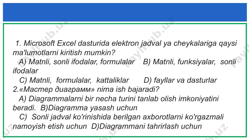 si menyu yordamida tahrirlanadi? a) joylashtirish b) ko’rinish c) tahrir d) formatlash 15.ma’lumotlarni nisbiy taqqoslanishini tasvirlab berish qaysi diagramma turida qulay? a) doiraviy b) gistogramma c) grafikli d) lentali