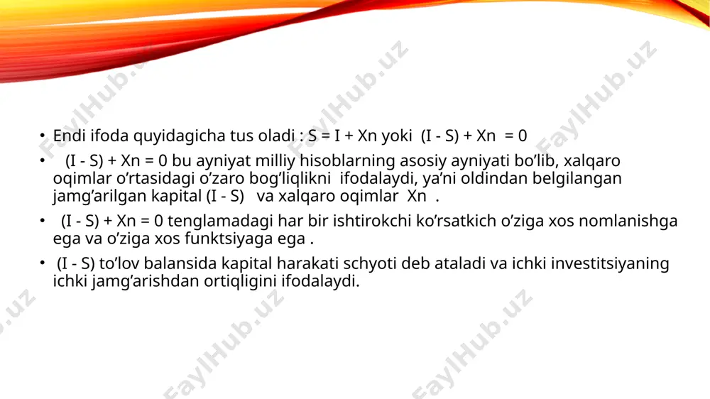 kati schyotining ijobiy qoldiqqa ega bo’lishi joriy operatsiyalar schyoti (-xn) ning manfiy (salbiy) qoldiqqa ega bo’lishi orqali muvozanatlashadi. agar davlatning dastlabki balanslashgan iqtisodiyotida xn = 0 va (i-s) =0 bo’lsa va rag’batlantiruvchi fiskal siyosat olib borilsa, bu davlatda kapital xarakati schyoti ijobiy qoldiqqa ega bo’ladi. (i - s > 0, xn 0) (ijobiy) musbat qoldig’iga ega ekanligini anglatadi. shu bilan birga mamlakatga chet el investitsiyalarini kirib kelishini taqozo etadi. kapital harakati schyoti ijobiy qoldiqqa ega bo’lishi joriy operatsiyalar schyoti (-xn)ning manfiy (salbiy) qoldig’i orqali muvozanatlashadi. agar davlatning dastlabki balanslashgan iqtisodiyoti xn =0 va i-s=0 bo’lsa va rag’batlantiruvchi fiskal siyosat olib borilsa,bu davlatda kapital harakati schyoti ijobiy qoldiqqa ega bo’ladi. (i-s>0, xn 0 ijobiy qoldiqqa va joriy operatsiyalar schyoti (-xn) qisqarishi kuzatiladi. investitsiya chizig’ining o’ngga va yuqoriga siljishi kapital harakati schyoti (i-s>0) ning ijobiy saldoga va joriy operatsiyalar schyoti (-xn) ning manfiy saldosi yoki joriy to’lov balansida defitsitni keltirib chiqaradi. mundell …
