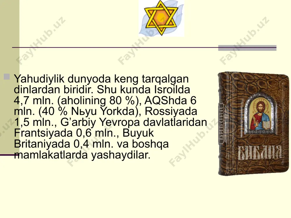 a kelganlar. shuning uchun ularga ibriylar yoki ibroniylar («kechib o’tuvchilar»)nomi berilgan. yahudiylik ta’limoti bo’yicha muso payg’ambar tur tog’ida yahve bilan uchrashganda yagona xudo tomonidan 10 ta lavha tushirilgan. ushbu lavhalarda mazkur din asosini tashkil etgan 10 ta nasihat bor edi. bu nasihatlar tavrotning «ikkinchi qonun» kitobidan o’rin olgan bo’lib, yahudiylar ularga qat’iy rioya qilishlari shart. ular quyidagilardir: yahudiylik ta’limoti bo’yicha 10 ta lavha tushirilgan. .yaqinlarning narsalariga ko’z olaytirmaslik yahvedan boshqani iloh deb bilmaslik; but, sanam va rasmlarga sig’inmaslik bekordan-bekorga xudo nomi bilan qasam ichmaslik; shanba kunini hurmat qilish va uni xudo uchun bag’ishlash ota-onani hurmat qilish; nohaq odam o’ldirmaslik; zino qilmaslik; o’g’rilik qilmaslik yolg’on guvohlik bermaslik tavrot manbalari. yahudiy dini boshqa dinlar kabi o’zining muqaddas yozuvlariga ega. uning asosan ikkita manbasi bo’lib, biri – mil. av. xiii asrda yashagan va isroil xalqini misrdan olib chiqib ketilishiga boshchilik qilgan muso payg’ambarga tur tog’ida berilgan tora (tavrot; torah of moses; totah shebikhtav), …