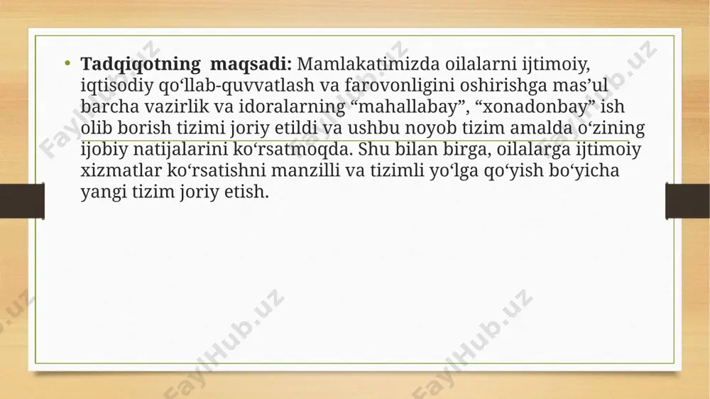 .huquqiy davlatda oilaviy munosabatlarga oid axloqiy normalar huquqiy normalar bilan bog’liqdir. huquqiy normalarni muyyan munosabatlarga tadbiq qilishi,umumiy insoniy talablarini amalga oshirishni taminlasa,axloqiy normalar esa,o’z navbatida,qonunlarni buzmasdan to’g’ri amalga oshirish qonun talablariga og’ishmay roiya qilish uchun zarur hissiyotlarni tug’diradi. 3.oila qonunlarinig muhim vazifalaridan va maqsadlaridan biri-fuqorolarning oila oldidagi mas’ulyatlarini his qilish ruhida tarbiyalashdan iborat.bu vazifa va maqsadini amalga oshirishda boshqa faktlar bilan birga er va hotin, ota-onalar bilan bolalar hamda boshqa qarindosh-urug’lar o’rtasidagi qonunlar bilan belgilangan majburiyatlar va ularni bekam-ko’st bajarish muhim o’rin egallaydi. e’tiboringiz uchun rahmat image5.png image6.png image3.png image4.png