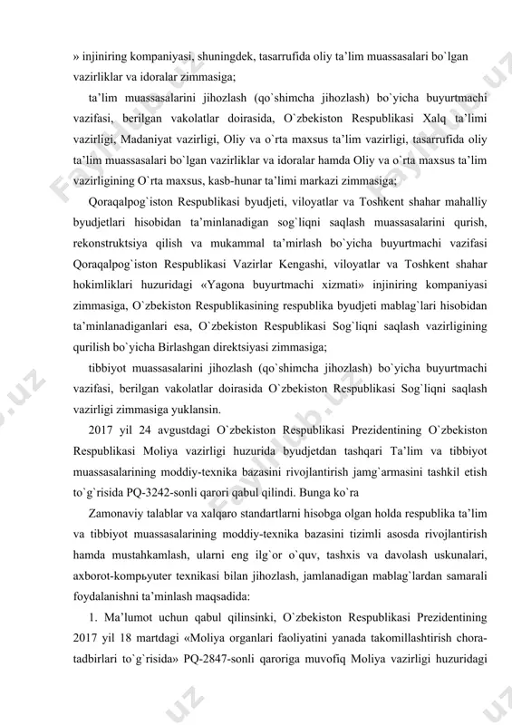 ritiladi. ta’lim muassasalarini qurish, rekonstruktsiya qilish va mukammal ta’mirlash bo`yicha buyurtmachi vazifasi qoraqalpog`iston respublikasi vazirlar kengashi, viloyatlar va toshkent shahar hokimliklari huzuridagi «yagona buyurtmachi xizmati» injiniring kompaniyasiga, oliy ta’lim muassasalarini esa o`zbekiston respublikasioliyvao`rtamaxsusta’limvazirlighuzuridagi«yagonabuyurtmachixizmati» injiniring kompaniyasi, shuningdek, tasarrufida oliy ta’lim muassasalari bo`lgan vazirliklar va idoralar zimmasiga; ta’lim muassasalarini jihozlash (qo`shimcha jihozlash) bo`yicha buyurtmachi vazifasi, berilgan vakolatlar doirasida, o`zbekiston respublikasi xalq ta’limi vazirligi, madaniyat vazirligi, oliy va o`rta maxsus ta’lim vazirligi, tasarrufida oliy ta’lim muassasalari bo`lgan vazirliklar va idoralar hamda oliy va o`rta maxsus ta’lim vazirligining o`rta maxsus, kasb-hunar ta’limi markazi zimmasiga; qoraqalpog`iston respublikasi byudjeti, viloyatlar va toshkent shahar mahalliy byudjetlari hisobidan ta’minlanadigan sog`liqni saqlash muassasalarini qurish, rekonstruktsiya qilish va mukammal ta’mirlash bo`yicha buyurtmachi vazifasi qoraqalpog`iston respublikasi vazirlar kengashi, viloyatlar va toshkent shahar hokimliklari huzuridagi «yagona buyurtmachi xizmati» injiniring kompaniyasi zimmasiga, o`zbekiston respublikasining respublika byudjeti mablag`lari hisobidan ta’minlanadiganlari esa, o`zbekiston respublikasi sog`liqni saqlash vazirligining qurilish bo`yicha birlashgan direktsiyasi zimmasiga; tibbiyot muassasalarini jihozlash …