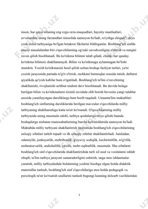ssasalarida ta'lim oluvchilarning qiziqishlari yo'nalishlarini aniqlash, tashxis ishlarini tizimli tashkil etish, ta'lim-tarbiya jarayonida o'quvchilarning o'zlashtirish xususiyatlariga asoslanish alohida ahamiyat kasb etadi. hozirgi paytda pedagog va psixologlarning diqqat markazini o'quv predmetlarining nazariy asoslari va ularning tuzilishi bilan bir qatorda o'quvchilar faoliyati, unga dahldor psixologik va pedagogik qonuniyatlar hamda o'quv faoliyatini samarali boshqarish omillari ham band etib turibdi. o'quvchilarning bilish faolligini oshirish, ularni o'qishga qiziqtirish va ularning fanlarga qiziqishini oshirish dolzarb muammodir. yosh avlodga ta'lim-tarbiyani vijdonan yondashgan holda berish muhim masaladir. hadislarda: "beshikdan to qabrgacha ilm izla", deyilishida juda katta hikmat bor. ilm bobidagi izlanish esa insonni ma'naviy-axloqiy kamolot sari yetaklaydi. shuning uchun ham xalq ta'limi oldidagi eng katta muammo o'quvchilarning o'quv-biluv faoliyatiga kelib taqalishi bejiz emas.xulosa qilib aytish mumkinki, kichik maktab yoshidagi o'quvchilarni milliy tarbiyalash jarayoniga yangicha yondashuv metodologik samaradorlikni taqozo etadi. biz esa milliy ruhda tarbiya berishning bugungi davr talabiga xos bo'lgan shakllarini kichik maktab yoshidagi o'quvchilarimiz ongiga singdirib borishimiz …
