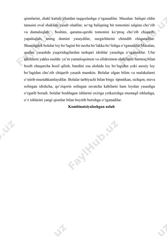 rib chiqarsa bo‘ladi. yasalgan o‘yinchoqlarga munchoqlar, tugmalar, qushlar patlari, chig‘anoqlar yordamida mayda qismlarni bezaklar berib kombinatsiyalshatirsa bo‘ladi. adabiyotlar ro‘yxati: 1. takomillashtirilgan “bolajon” tayanch dasturi. t.: 2016. 2.maktabgacha ta’limga qo‘yiladigan davlat talablari. t.: 2017 “bilimdon” dasturi. t.: 2014 3.amirova. g.a., sulaymonov a.p., djurayeva b .r. maktabgacha ta’lim muassasalarda applikatsiya mashg‘ulotlari. t., 2014. 4.d.t sabirova. maktabgacha yoshdagi bolalarda tasviriy savodxonlik elementlarini shakllantirish. (13.00.01.-pedagogika nazariyasi va tarixi ixtisosligi bo‘yicha yozilgan dissertatsiyaning avtoreferati). t.2007 image6.jpg image7.jpg image8.jpg image9.jpg image10.jpeg image11.jpeg image12.jpeg image13.png image14.png image15.png image1.jpg image2.jpg image3.jpg image4.jpg image5.png