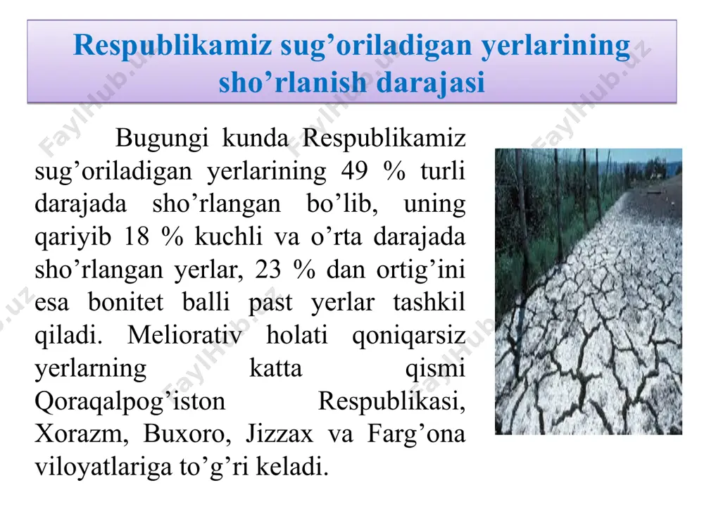 larning tarkibidagi tuzlar o‘simlik ildizi tarqalgan qatlamda yig‘iladi. 4. qurib qolgan ko‘l va suv havzalaridagi tuzlar shamol ta’sirida atrofdagi hududlarga tarqaladi va tuproqning ustki qatlamini sho‘rlantiradi. 5. tuzga chidamli o‘simliklarning vegetatsiya davri tugagach, uning qoldiqlari (poyasi, bargi, ildizi) chirishi natijasida ularning tarkibidagi tuz tuproqning ustki qatlamida yig‘iladi. sho‘rlangan tuproqlar quyidagi sabablarga ko‘ra paydo bo‘ladi: tuproq tarkibidagi tuzlar o‘simliklarning rivojlanishiga ta’siri quyidagilardan iborat: a) tuproq tarkibidagi tuzlar tuproq eritmasining konsentratsiyasini (quyuqligini) oshiradi. natijada eritma tarkibidagi o‘simlik uchun zarur bo‘lgan makro va mikroelementlar ildiz orqali o‘simlik tanasiga o‘tolmaydi, uning rivojlanishi susayadi, hosildorlik; b) suvda eriydigan tuzlar, ularning hosil bo‘lishida ishtirok etuvchi ayrim anionlar (cl- , oh- va h.k.) juda harakatchan va zaharli bo‘lib, ular eritmada nisbatan ko‘payib ketganda muhit o‘zgaradi, ildiz po‘stini zaharlaydi (kuydiradi); c) suvda kam eriydigan ayrim tuzlar (gips yoki uning karbonat tuzlari bilan aralashmasi) tuproq qatlamida o‘ta zichlik hosil qiladi. natijada o‘simlik ildizi yaxshi rivojlanmaydi, biologik va fiziologik jarayonlarning …