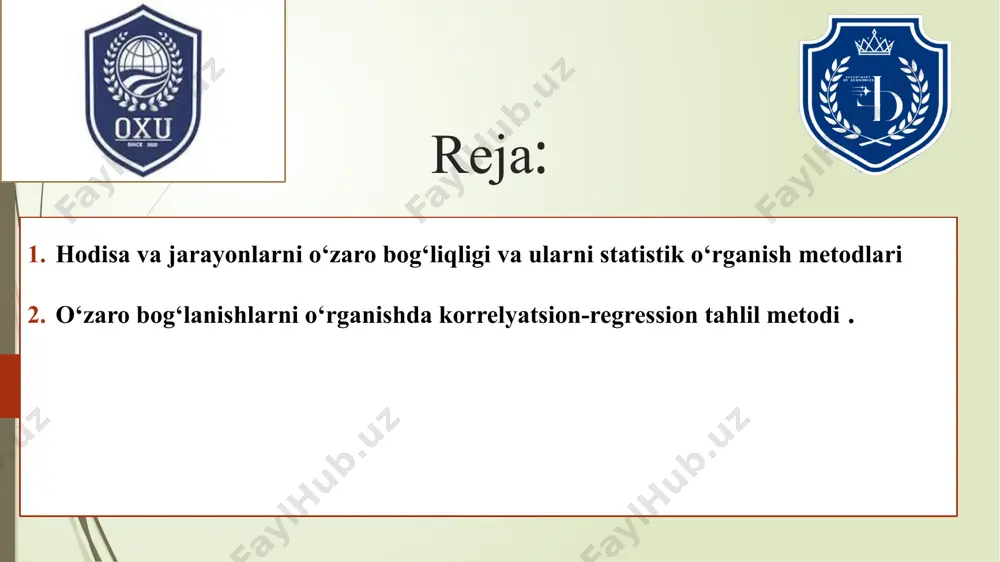 n tovarlarning miqdoriy hisob-kitobi olib boriladi. aholida tovarlar sotilishining hisob-kitobi savdoda xarajat talabchanligini o‘rganishda juda muhim ma’lumotdir. komponentali bog‘lanish. ko‘rsatkichlarning komponentli bog‘lanishi ko‘paytuvchi shaklida ko‘rsatkichga kirgan alohida komponentlarning o‘zgarishi natijasida statistik ko‘rsatkichning o‘zgarishini ifodalaydi. bu aloqa turiga, biz o‘zaro bog‘liq indekslarni kiritishimiz mumkin. masalan, haqiqiy baholardagi tovar oboroti indeksi baho va tovarlar fizik hajmi indeksi ko‘paytmasiga teng. bu metodning muhim amaliy ahamiyati shundaki, umumiy ko‘rsatkichda noma’lum bo‘lgan komponentning miqdorini ham aniqlash mumkin. masalan, tovarlar fizik hajmi umumiy indeksini hisoblash uchun haqiqiy baholardagi tovar oboroti indeksini baho indeksiga nisbati olinadi. omilli bog‘lanishda ikki belgi: omil va natijaviy belgi qatnashadi va bu bog‘lanish turi faqat variatsion qatorlarda uchrashi mumkin. o‘z xarakteri bo‘yicha bog‘lanishning bu turi sabab-oqibat bog‘liqligi bo‘ladi. omilli aloqalar o‘z navbatida funksional va korrelyatsion bog‘lanishlarga bo‘linadi. funktsional bog‘lanishda bir o‘zgaruvchi belgining har qaysi qiymatiga boshqa o‘zgaruvchi belgining aniq bitta qiymati mos keladi. bunday bog‘lanishning muhim xususiyati shundaki, bunda hamma omillarning to‘liq …