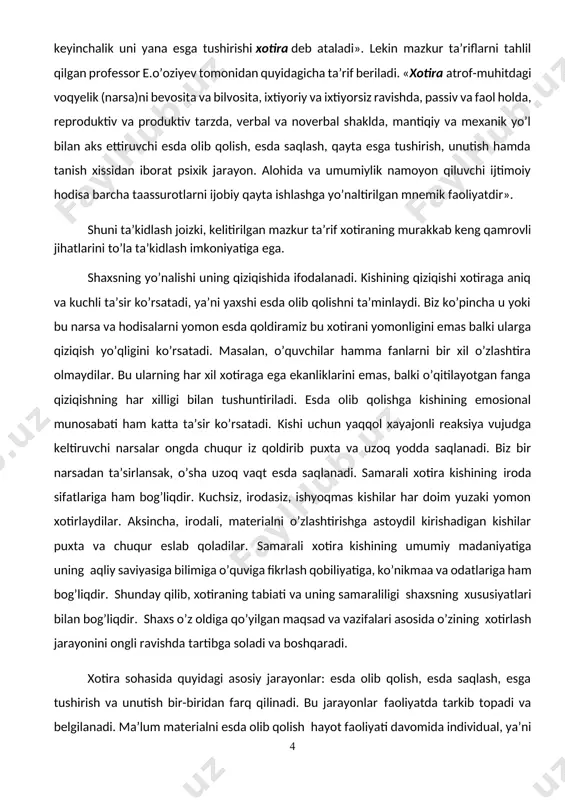 asi faoliyatini to’xtovsiz kuchaytiradi. shu bilan birga uning egiluvchanlik darajasini oshiradi. miya egiluvchanligi vaqtincha pasayishiga xotira samarasining susayishiga ba’zi paytda odamning toliqishi sabab bo’ladi. dam oldgandan keyin yana tiklanadi. odatda miya egiluvchanligi yosh o’tishi bilan susayadi. masalan, keksa kishilar gaplaridan adashib ketadi, ilgari gapirganlari esdan chiqib o’sha gapni takrorlayveradilar. miya egiluvchanligining ko’rsatkichi bosh miya po’stlog’ida muvaqqat nerv aloqalarini tezlikda vujudga kelishi davomli saqlanishi va ularning tez, oson jonlantirilishi hisoblanadi. muvaqqat nerv aloqalari assosiasiyalarini hosil qiluvchi fiziologik mexanizmdir. assosiasiya bizning xotiramizda mustahkamlangan va ongimizda qayd qilingan ayrim voqyea hodisalarning o’zaro bog’lanishidir. biror buyumni esda olib qolish, boshqa buyumlar bilan bog’lash orqali amalga oshiriladi. bu o’rinda akademik i.p.pavlovning quyidagi so’zlari juda xarakterlidir. «muvaqqat nerv bog’lanishlari – deb yozadi i.p. pavlov hayvonot olamida va bizning o’zimizda ham bo’ladigan eng umumiy fiziologik hodisadir. shu bilan birga u psixik hodisa hamdir, turli tuman harakat taassurotyo bo’lmasa harflar, so’zlar va fikrlar o’rtasida paydo bo’ladigan bog’lanishlardiki, bu …