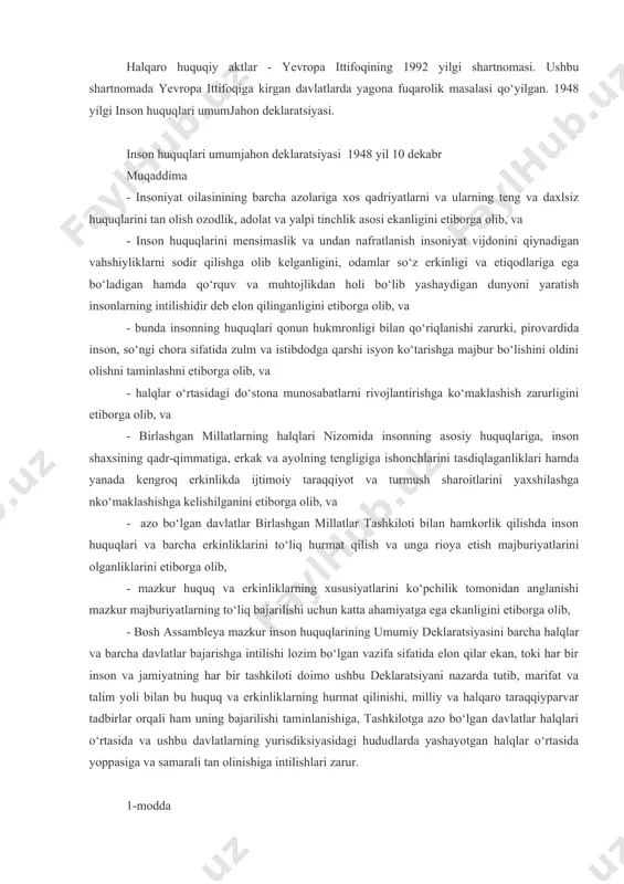 ur bo‘lishini oldini olishni taminlashni etiborga olib, va - halqlar o‘rtasidagi do‘stona munosabatlarni rivojlantirishga ko‘maklashish zarurligini etiborga olib, va - birlashgan millatlarning halqlari nizomida insonning asosiy huquqlariga, inson shaxsining qadr-qimmatiga, erkak va ayolning tengligiga ishonchlarini tasdiqlaganliklari hamda yanada kengroq erkinlikda ijtimoiy taraqqiyot va turmush sharoitlarini yaxshilashga nko‘maklashishga kelishilganini etiborga olib, va - azo bo‘lgan davlatlar birlashgan millatlar tashkiloti bilan hamkorlik qilishda inson huquqlari va barcha erkinliklarini to‘liq hurmat qilish va unga rioya etish majburiyatlarini olganliklarini etiborga olib, - mazkur huquq va erkinliklarning xususiyatlarini ko‘pchilik tomonidan anglanishi mazkur majburiyatlarning to‘liq bajarilishi uchun katta ahamiyatga ega ekanligini etiborga olib, - bosh assambleya mazkur inson huquqlarining umumiy deklaratsiyasini barcha halqlar va barcha davlatlar bajarishga intilishi lozim bo‘lgan vazifa sifatida elon qilar ekan, toki har bir inson va jamiyatning har bir tashkiloti doimo ushbu deklaratsiyani nazarda tutib, marifat va talim yoli bilan bu huquq va erkinliklarning hurmat qilinishi, milliy va halqaro taraqqiyparvar tadbirlar orqali …