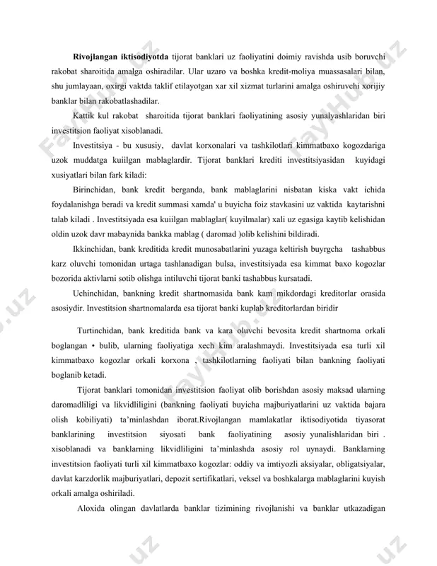 onidan investitsion faoliyat olib borishdan asosiy maksad ularning daromadliligi va likvidliligini (bankning faoliyati buyicha majburiyatlarini uz vaktida bajara olish kobiliyati) ta’minlashdan iborat.rivojlangan mamlakatlar iktisodiyotida tiyasorat banklarining investitsion siyosati bank faoliyatining asosiy yunalishlaridan biri . xisoblanadi va banklarning likvidliligini ta’minlashda asosiy rol uynaydi. banklarning investitsion faoliyati turli xil kimmatbaxo kogozlar: oddiy va imtiyozli aksiyalar, obligatsiyalar, davlat karzdorlik majburiyatlari, depozit sertifikatlari, veksel va boshkalarga mablaglarini kuyish orkali amalga oshiriladi. aloxida olingan davlatlarda banklar tizimining rivojlanishi va banklar utkazadigan operatsiyalarning turlari va kulamiga karab ularning investitsion faoliyati turli yunalishlarga karatilgan bulishi va shu operatsiyalar turlari buyicha olinadigan daromad salmogi xam turli xil bulishi mumkin. masalan, amerika banklari amaliyotida davlatning kiska muddatli karz majburiyatlarini ifodalovchi kimmatli kogozlariga investitsiya kilish odatda kam daromad keltiradi, ammo ular yukori likvidlilikka ega va ular buyicha tulayamaslik riski nulga tent bulib, bozor stavkasining uzgarish riski xam kichik bulgan kimmabaxo kogozlar xisoblanadi. uzok muddatli kimmatbaxo kogozlar yukori daromad keltiradi, shuning …
