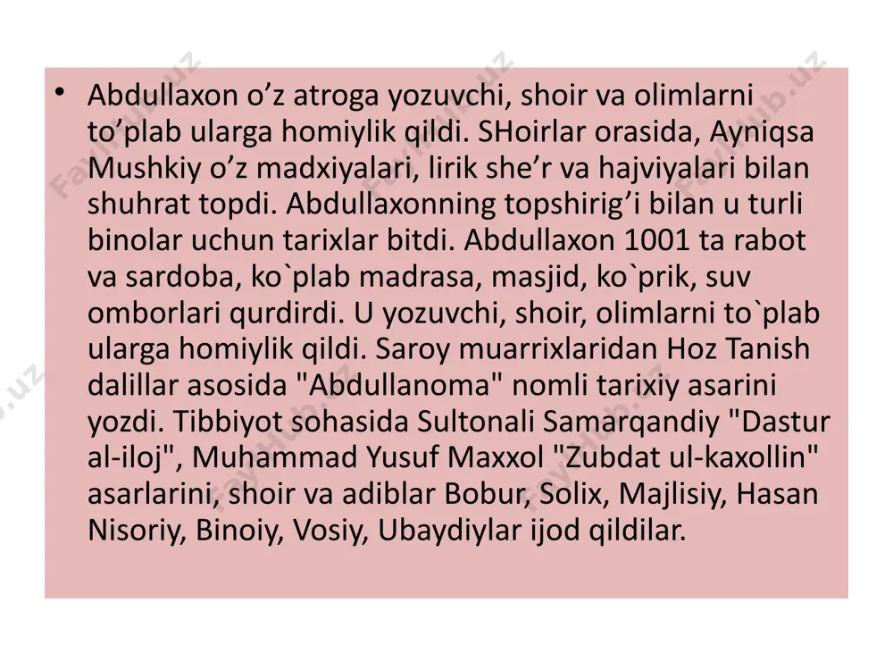 xonlik va amirliklar davrida fan, adabiy san’at, ma’rifat bir muncha rivojlangan. ko’proq xon saroylari doirasida ham diniy, ham dunyoviy adabiy asarlar yozilgan. o’zbek tilida yozilgan asarlar orasida muallifi xaligacha noma’lum "tavorixi go’zida" turkiy qabilalar tarixi va nomlari keng yoritiladi. bu davrda boshqa ko’plab tarixiy, asarlar yaratilganki, biz ularni o’rganishimiz orqali o’tmishni to’g’ri tasavvur qila olish imkoniyatiga ega bo’lamiz. jumladan bu paytda muhammad yoqubning "gulshan ul-muluk", muhammad olimning "tarixi amir nasrullo", mulla ibodulla va mulla muhami shariflarning "tarixi amir xaydar", muhammad xaqimxon turam "muntaxabut tavorix", mulla avazifa muhammadning "tavern jaxonnumoyi" image1.png /docprops/thumbnail.jpeg